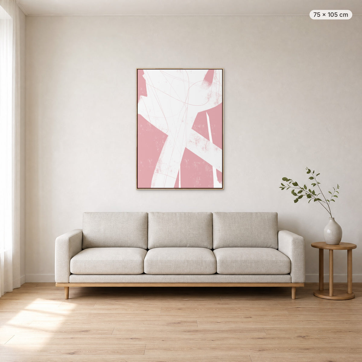All Of The Thoughts #3 canvas print in oak floating frame, 75 × 105 cm, shown above a 220 cm sofa
