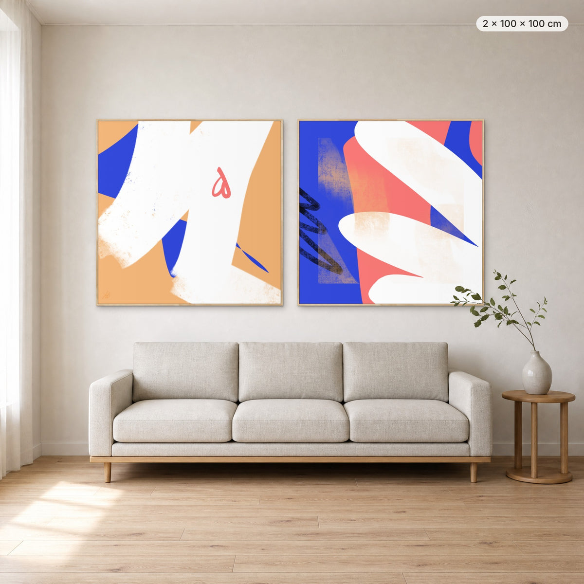 Art Wall 14 (In The Mood #1 & #2) canvas print in oak floating frame, 2 × 100 × 100 cm, shown above a 220 cm sofa