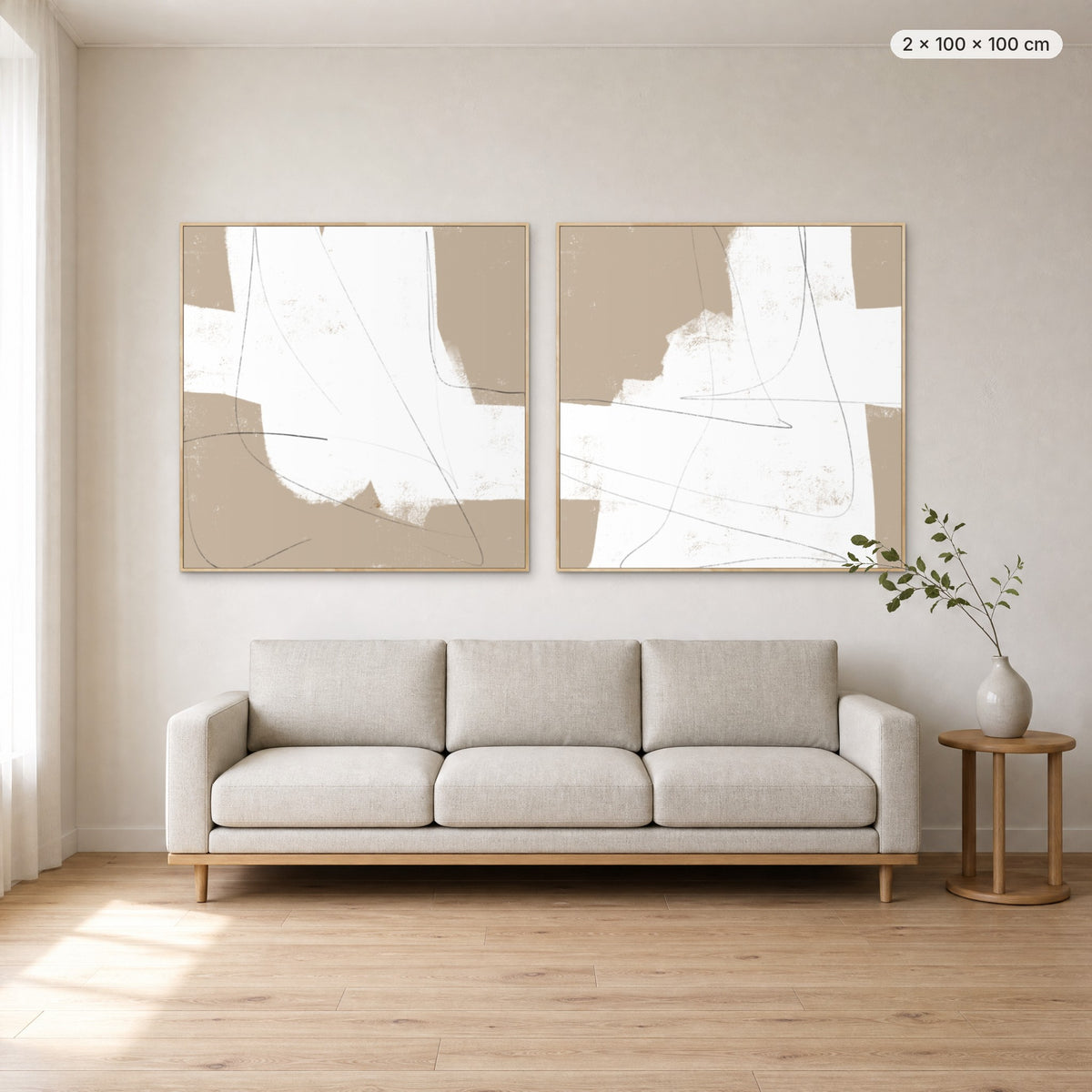 Art Wall 16 (More Than Simple #2 & #3) canvas print in oak floating frame, 2 × 100 × 100 cm, shown above a 220 cm sofa
