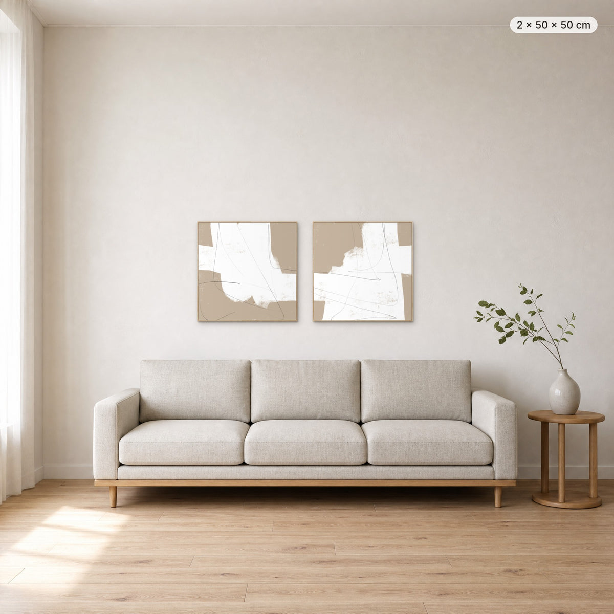 Art Wall 16 (More Than Simple #2 & #3) canvas print in oak floating frame, 2 × 50 × 50 cm, shown above a 220 cm sofa