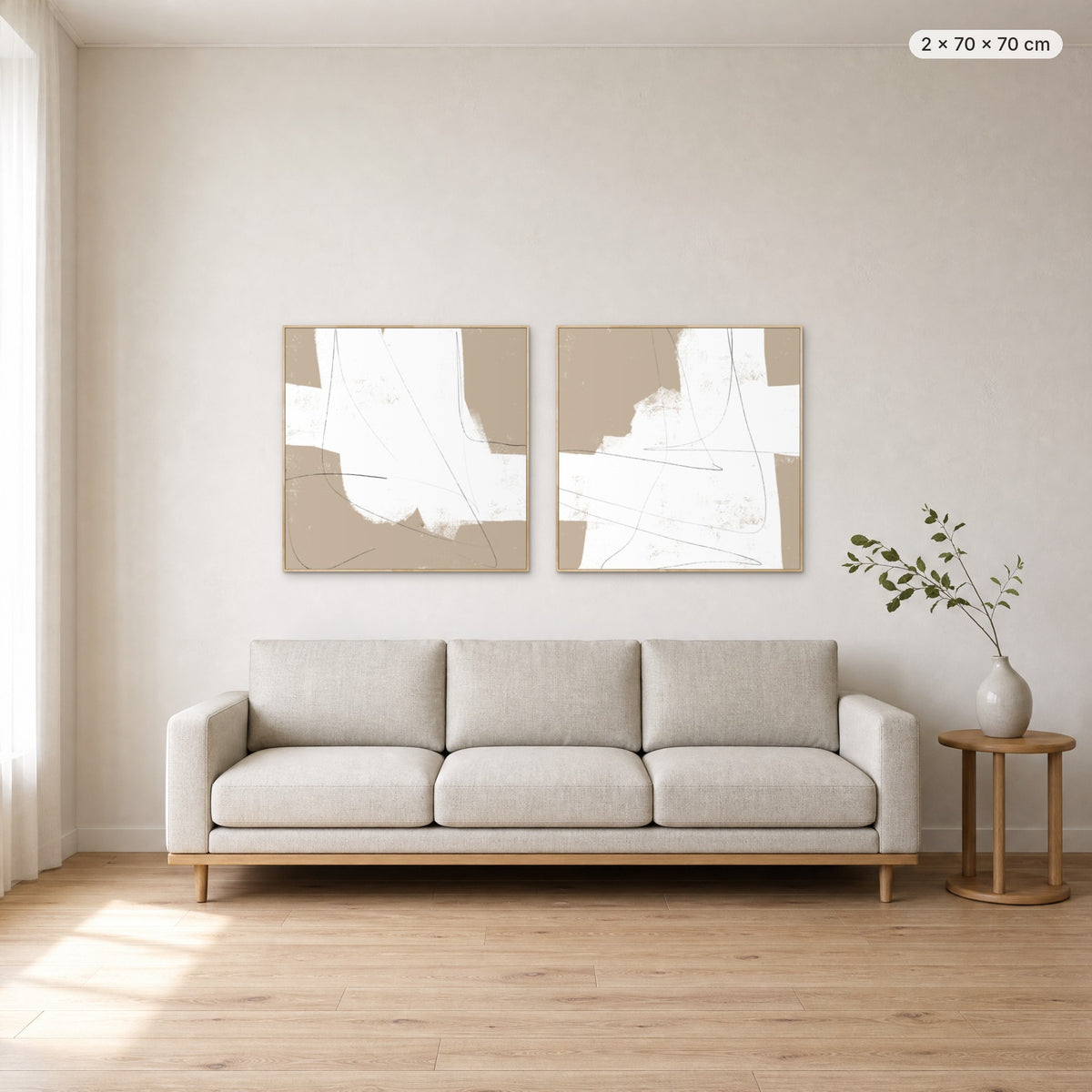 Art Wall 16 (More Than Simple #2 & #3) canvas print in oak floating frame, 2 × 70 × 70 cm, shown above a 220 cm sofa
