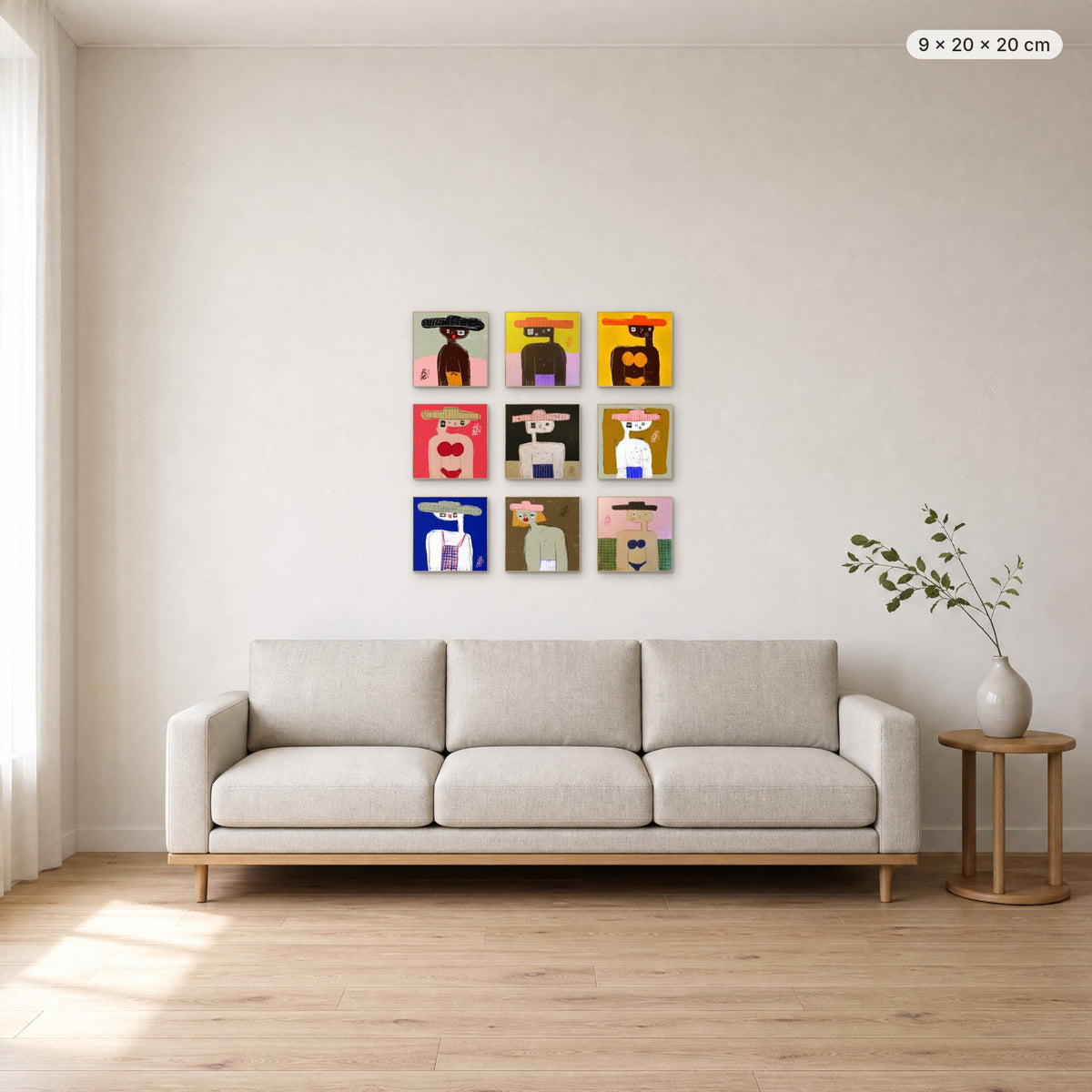 Be Yourself art wall (all 9 portraits) canvas print in oak floating frame, 9 × 20 × 20 cm, shown above a 220 cm sofa