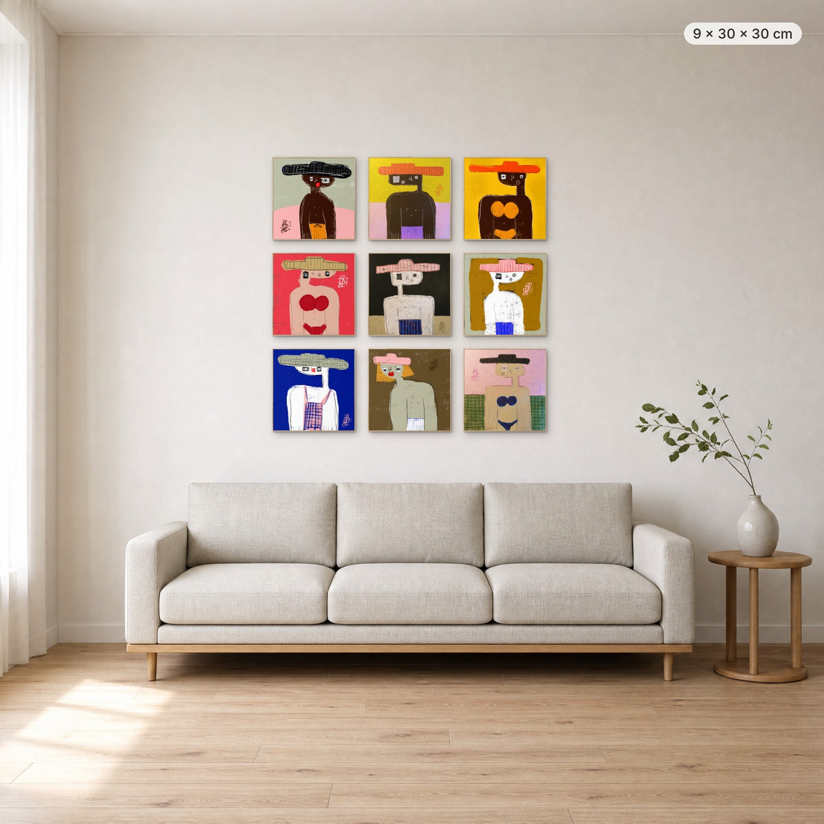 Be Yourself art wall (all 9 portraits) canvas print in oak floating frame, 9 × 30 × 30 cm, shown above a 220 cm sofa