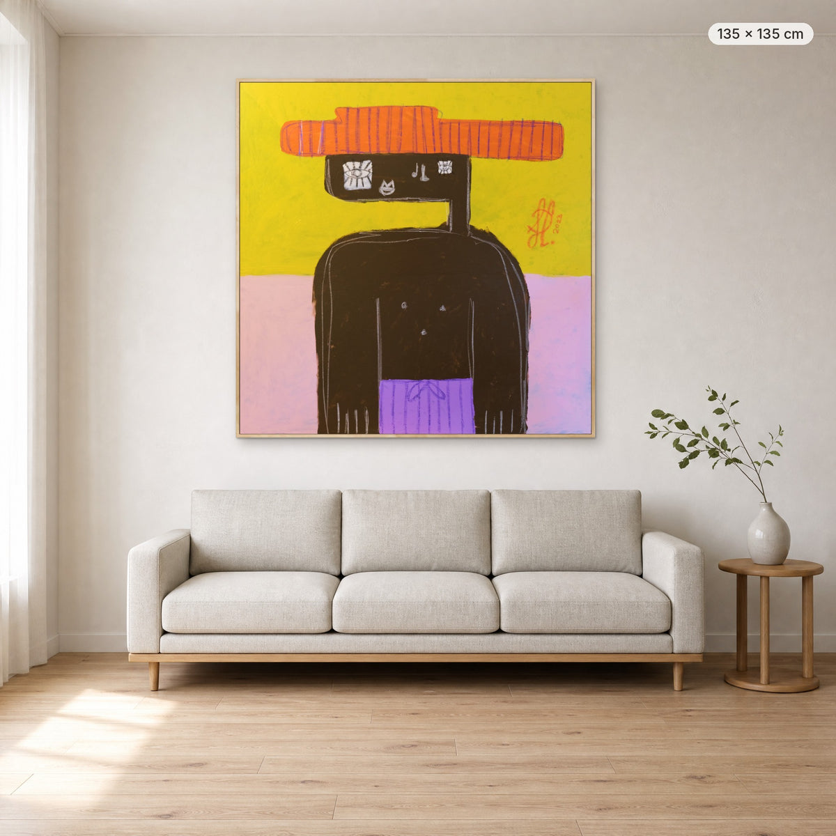 Benjamin canvas print in oak floating frame, 135 × 135 cm, shown above a 220 cm sofa