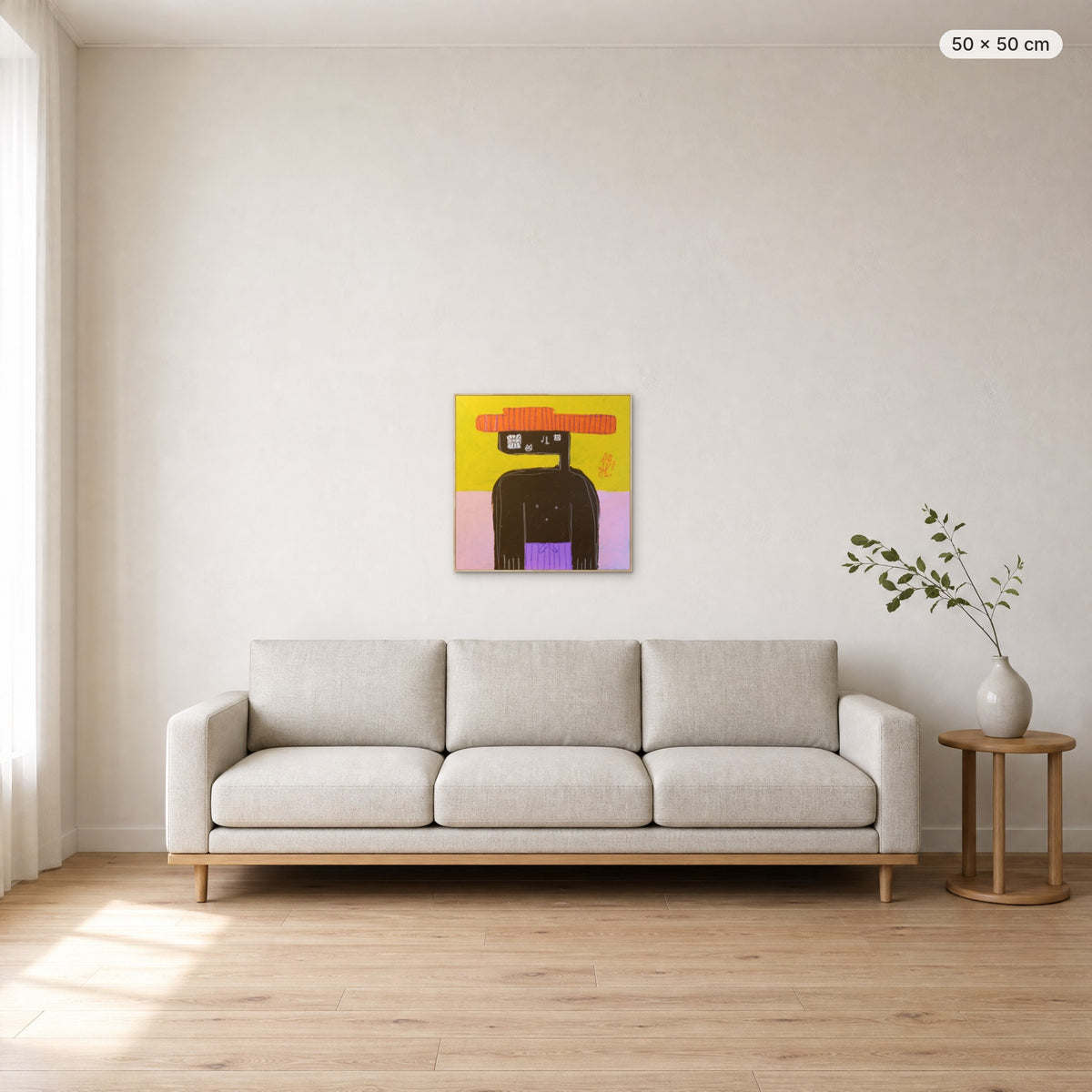 Benjamin canvas print in oak floating frame, 50 × 50 cm, shown above a 220 cm sofa