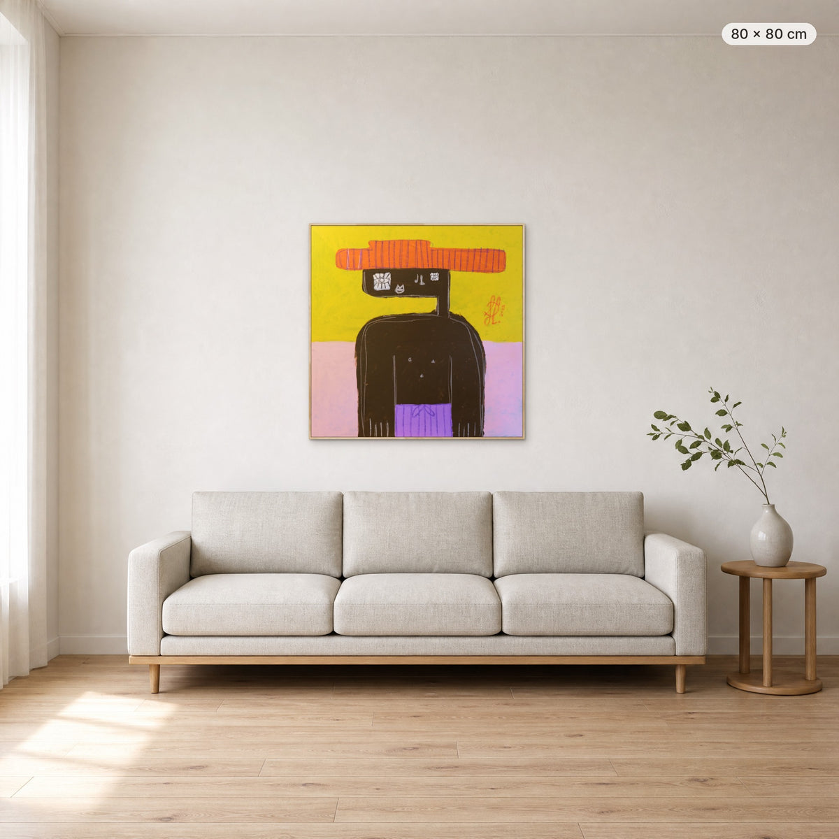 Benjamin canvas print in oak floating frame, 80 × 80 cm, shown above a 220 cm sofa