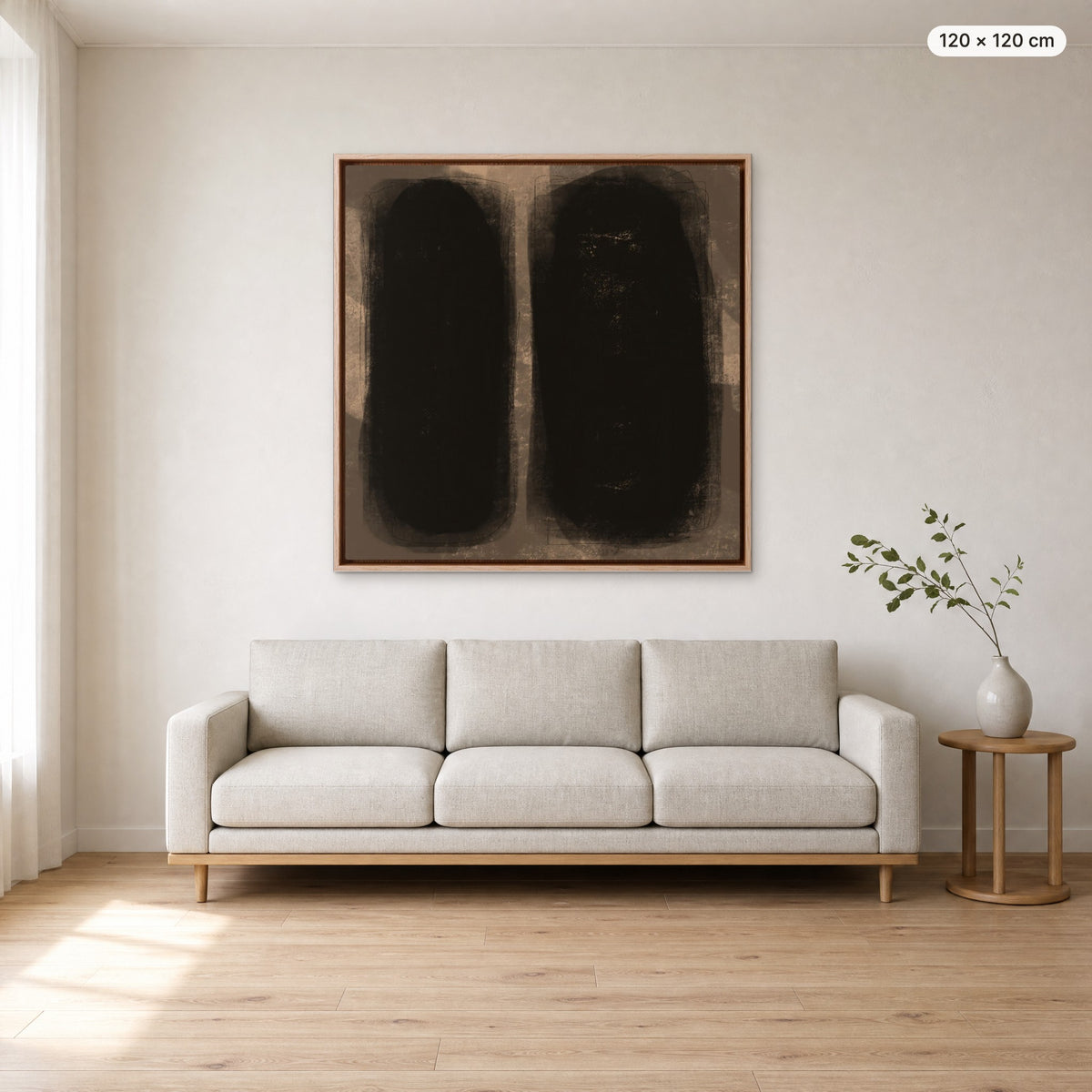 Canvas Print "Between Us" in oak frame, 120 × 120 cm, shown to scale above a 220 cm sofa