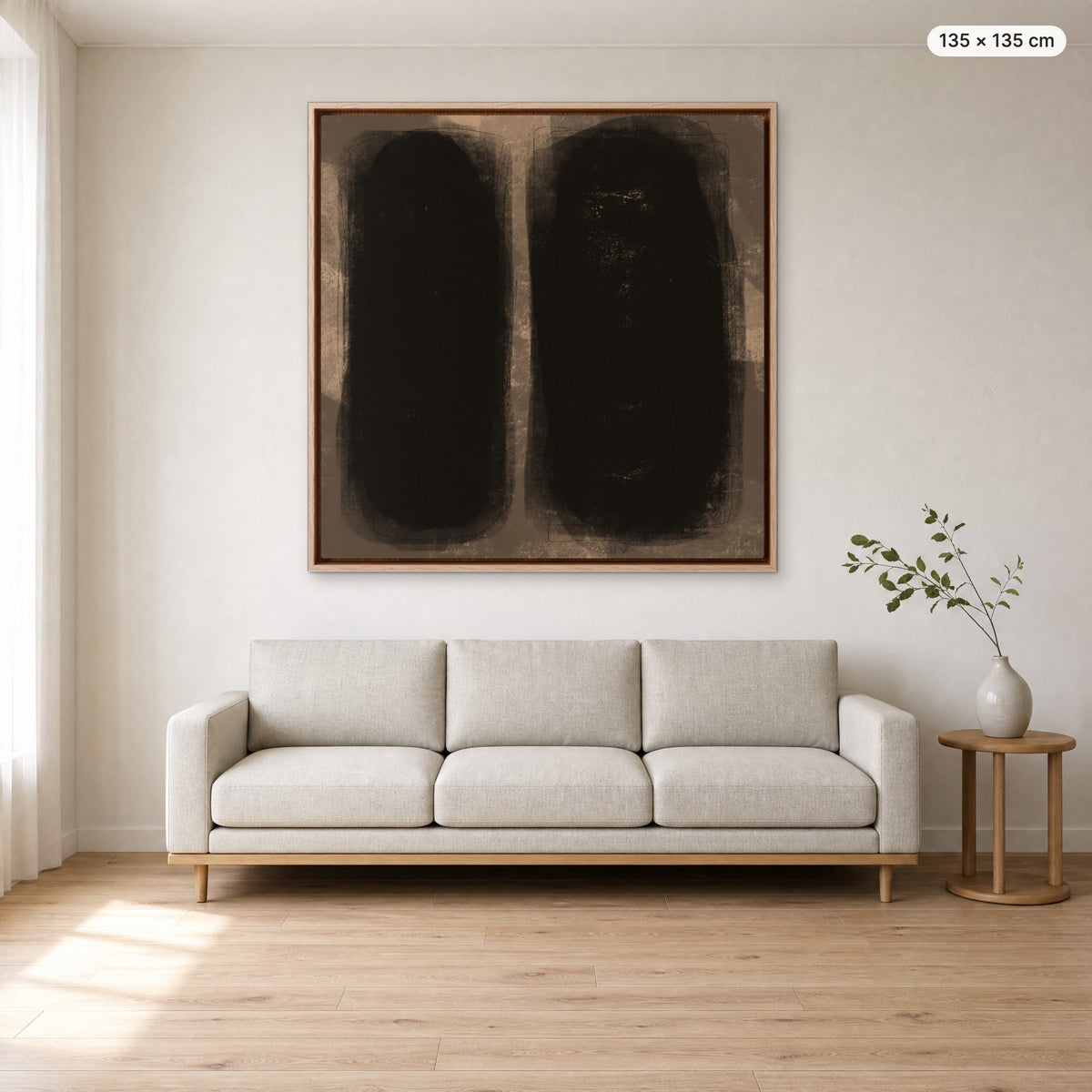Canvas Print "Between Us" in oak frame, 135 × 135 cm, shown to scale above a 220 cm sofa