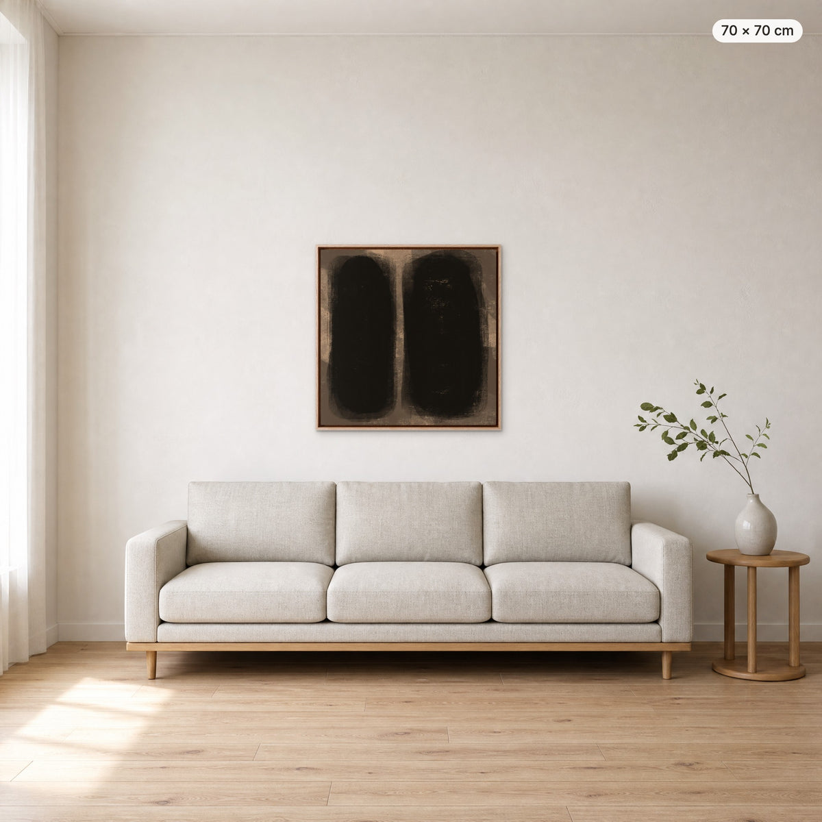 Canvas Print "Between Us" in oak frame, 70 × 70 cm, shown to scale above a 220 cm sofa