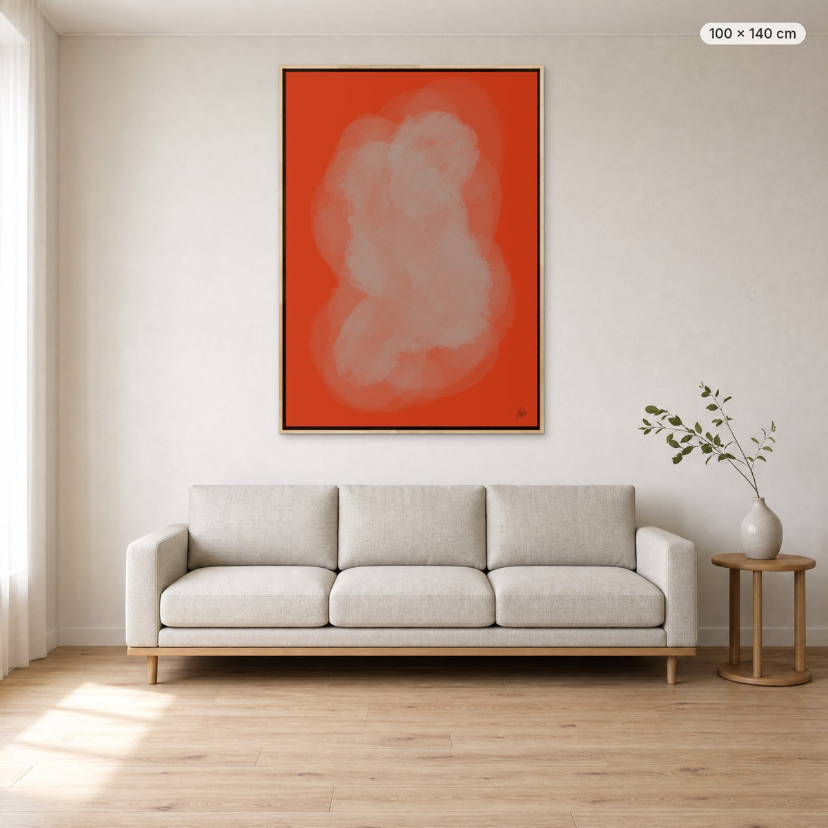 Child In Lab canvas print in oak floating frame, 100 × 140 cm, shown above a 220 cm sofa