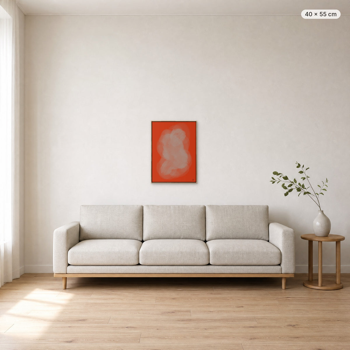 Child In Lab canvas print in oak floating frame, 40 × 55 cm, shown above a 220 cm sofa