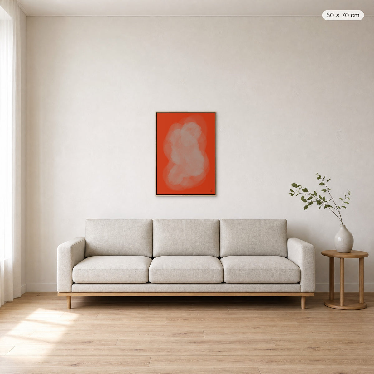 Child In Lab canvas print in oak floating frame, 50 × 70 cm, shown above a 220 cm sofa