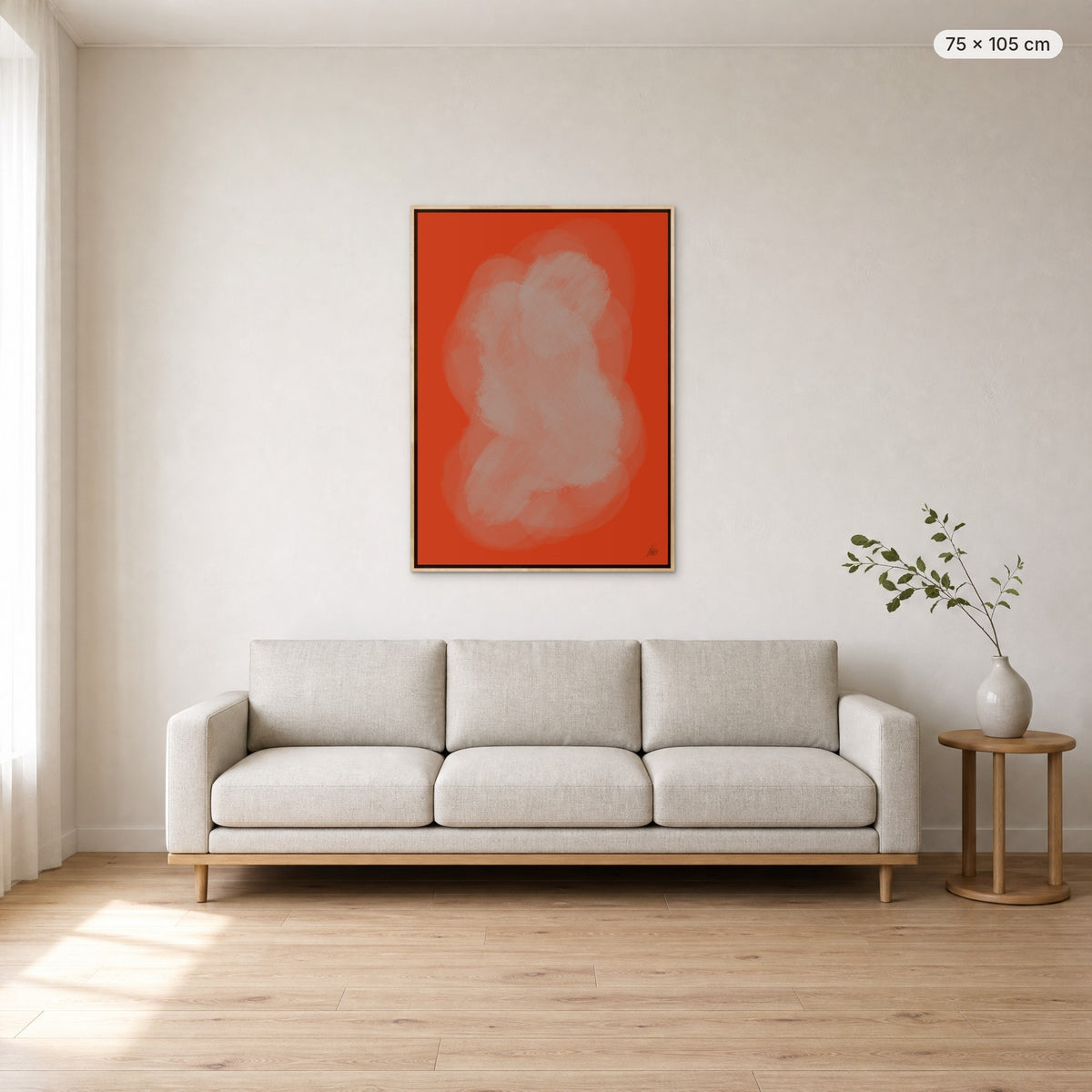 Child In Lab canvas print in oak floating frame, 75 × 105 cm, shown above a 220 cm sofa