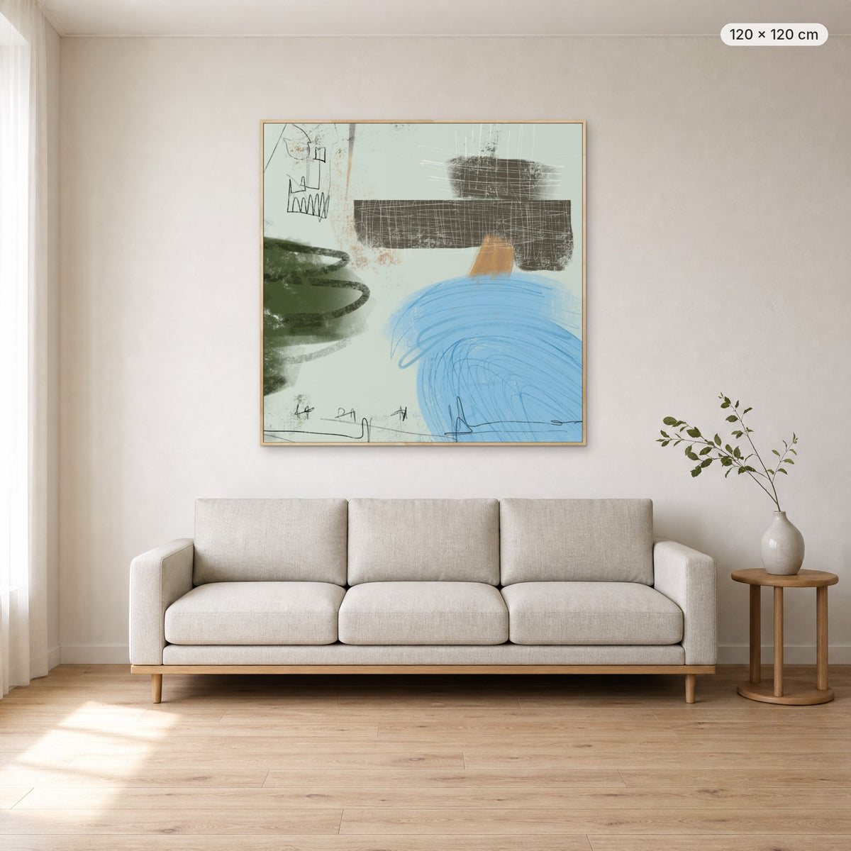 Daydreams canvas print in oak floating frame, 120 × 120 cm, shown above a 220 cm sofa