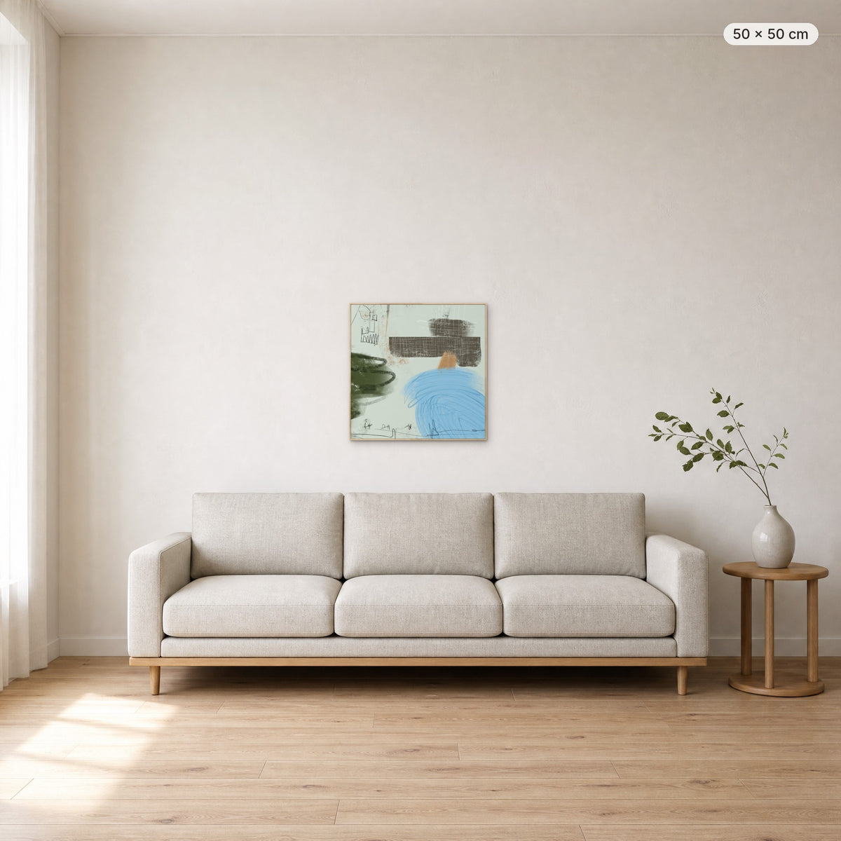 Daydreams canvas print in oak floating frame, 50 × 50 cm, shown above a 220 cm sofa
