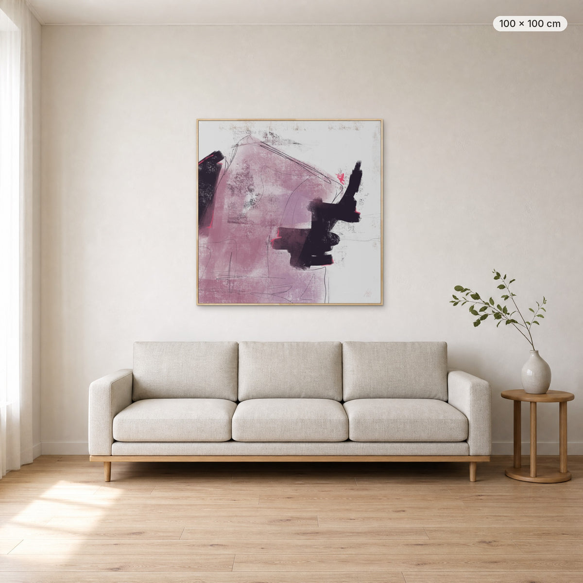 Deep #1 canvas print in oak floating frame, 100 × 100 cm, shown above a 220 cm sofa