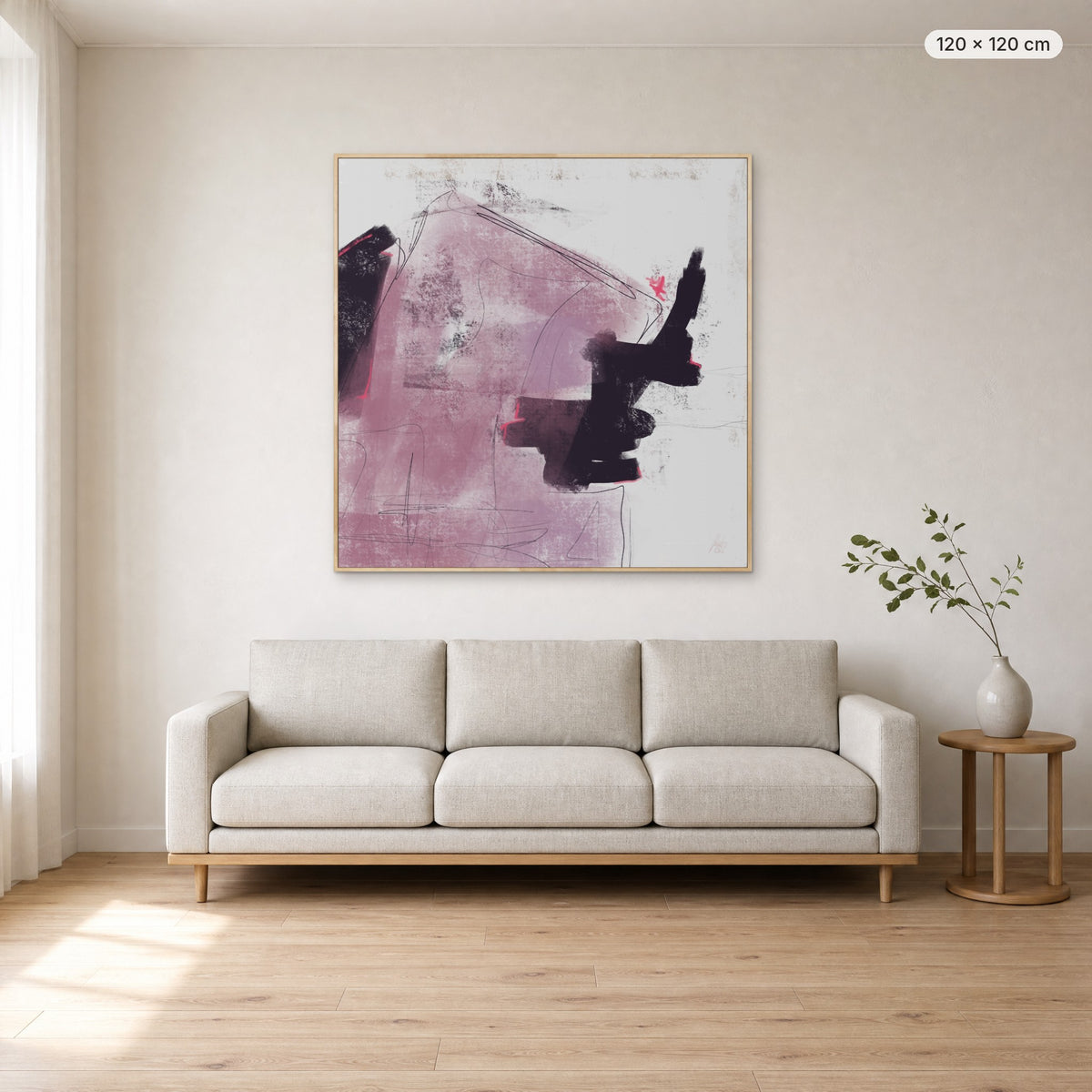 Deep #1 canvas print in oak floating frame, 120 × 120 cm, shown above a 220 cm sofa