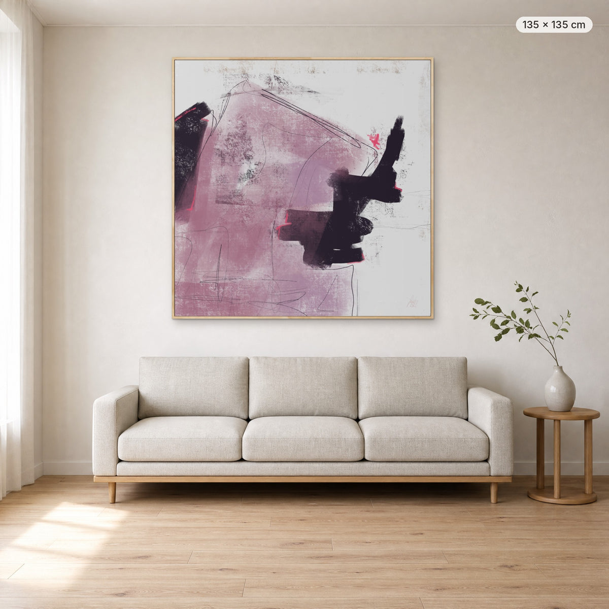 Deep #1 canvas print in oak floating frame, 135 × 135 cm, shown above a 220 cm sofa