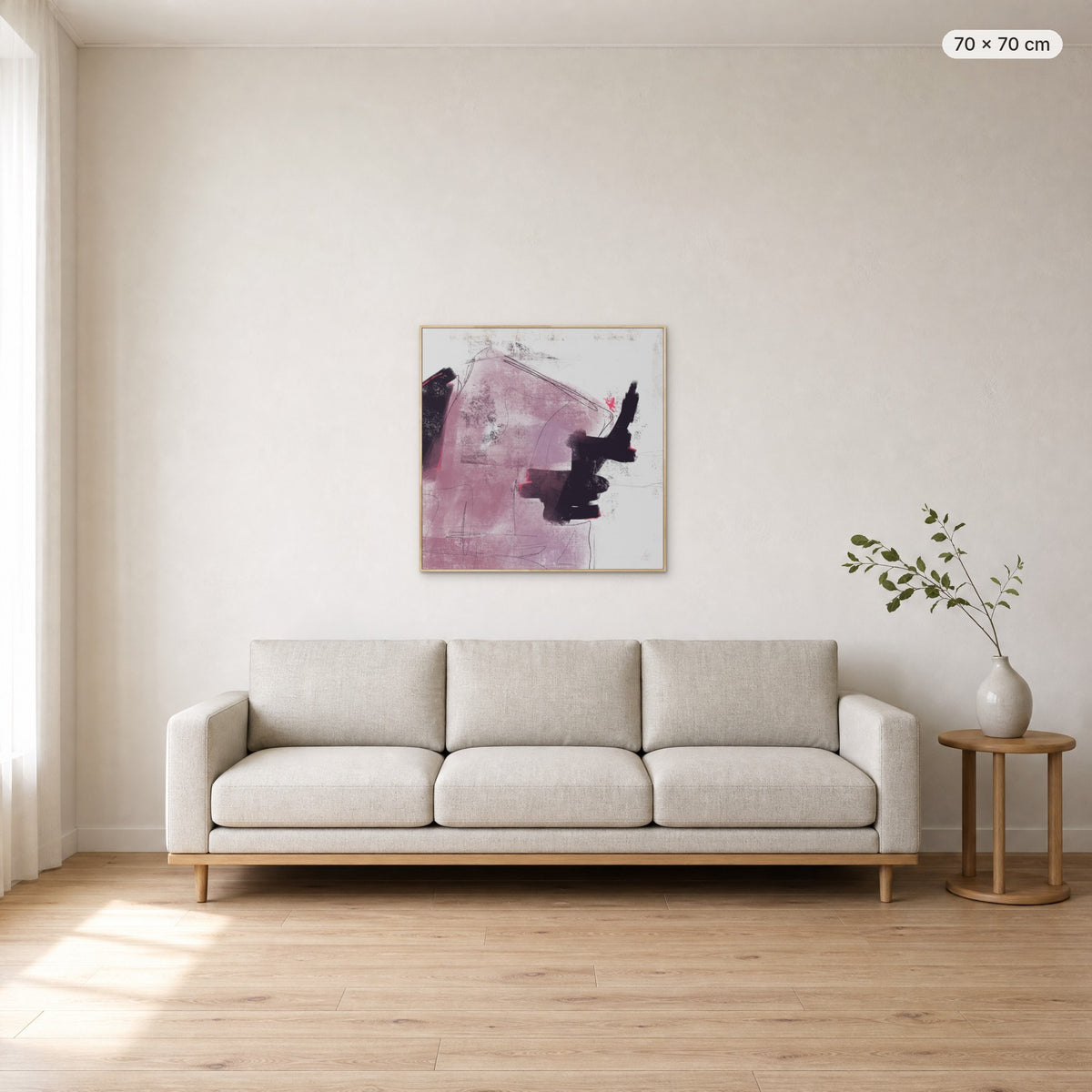 Deep #1 canvas print in oak floating frame, 70 × 70 cm, shown above a 220 cm sofa