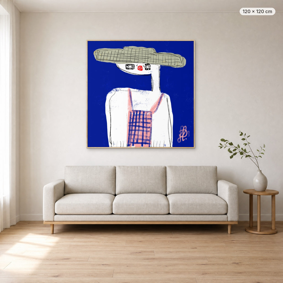 Emma canvas print in oak floating frame, 120 × 120 cm, shown above a 220 cm sofa