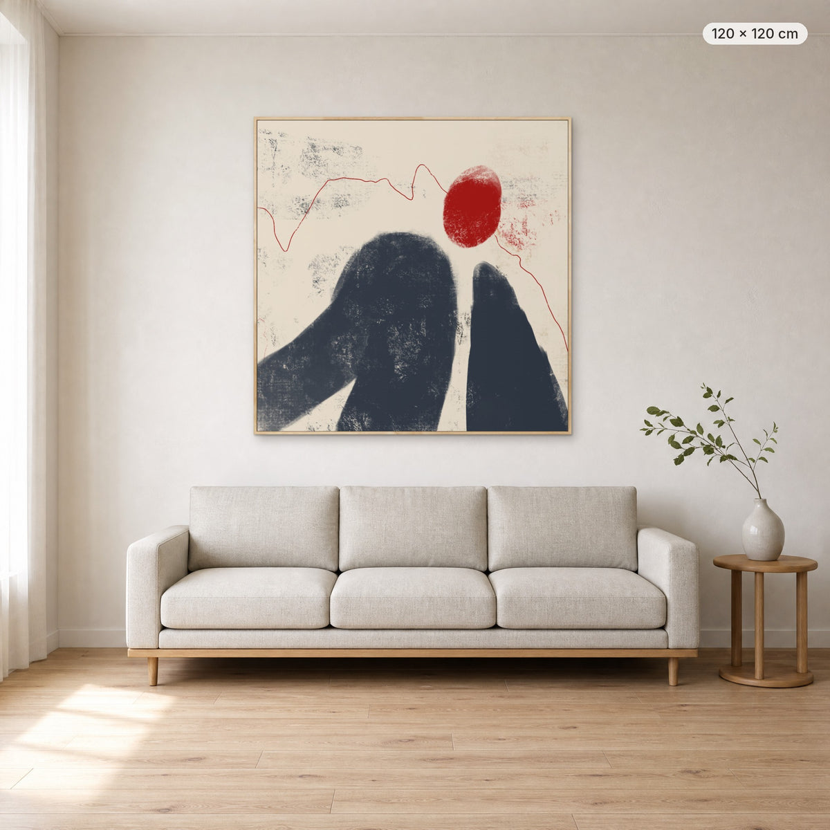Fading Shadow canvas print in oak floating frame, 120 × 120 cm, shown above a 220 cm sofa