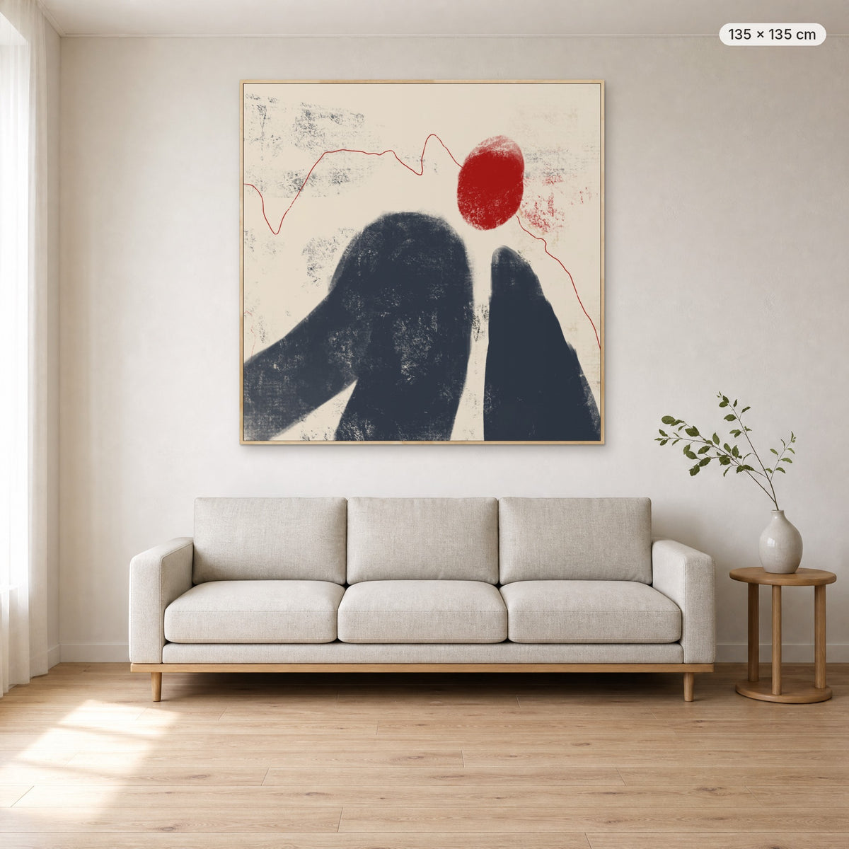 Fading Shadow canvas print in oak floating frame, 135 × 135 cm, shown above a 220 cm sofa
