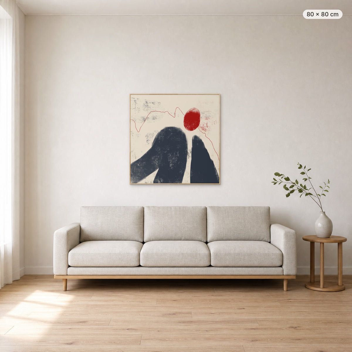 Fading Shadow canvas print in oak floating frame, 80 × 80 cm, shown above a 220 cm sofa