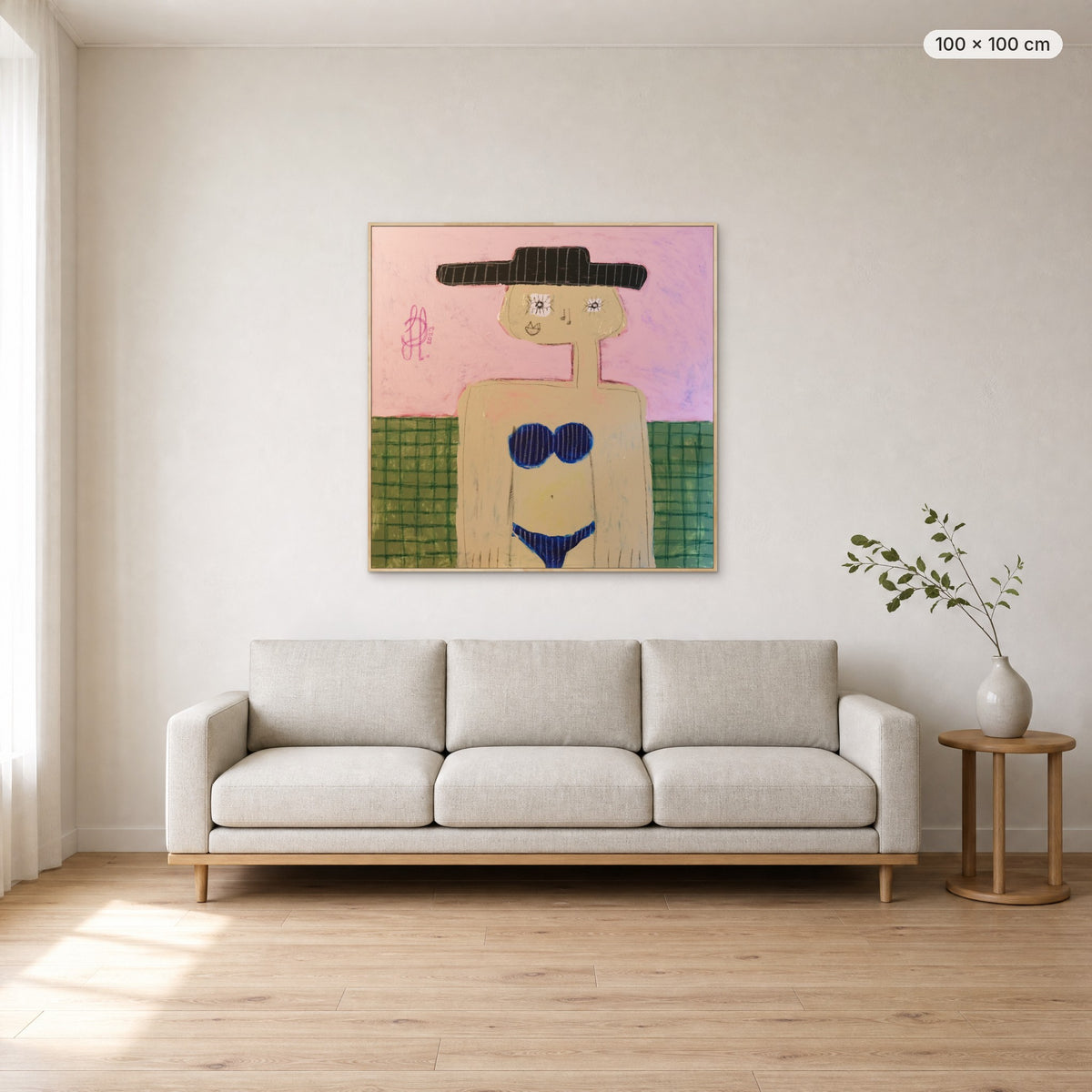 Grace canvas print in oak floating frame, 100 × 100 cm, shown above a 220 cm sofa