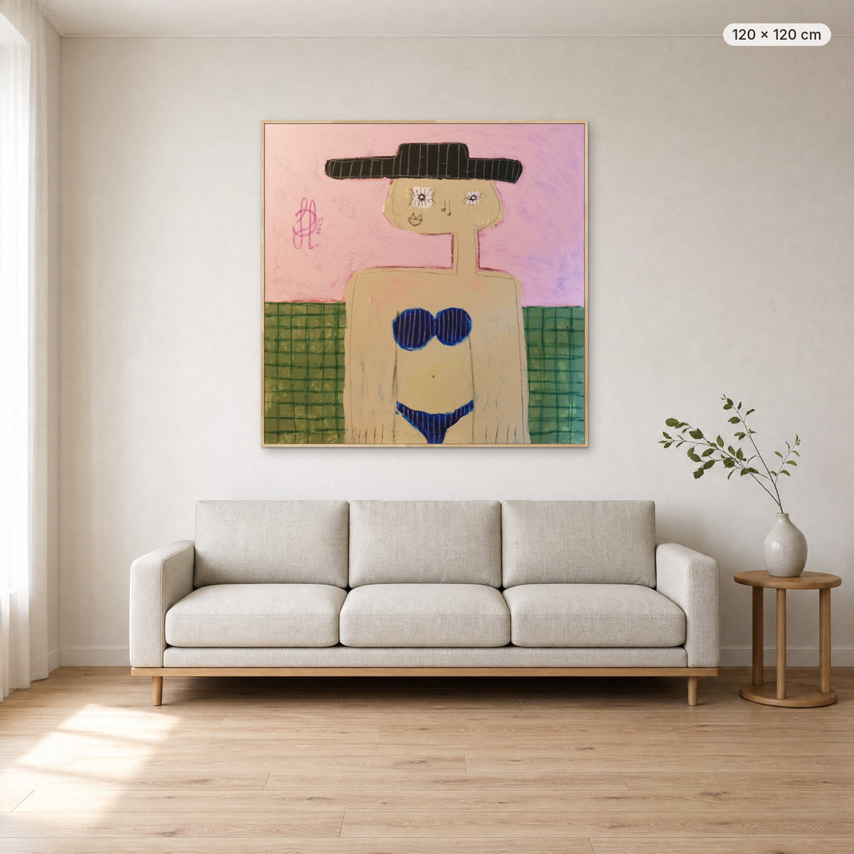 Grace canvas print in oak floating frame, 120 × 120 cm, shown above a 220 cm sofa