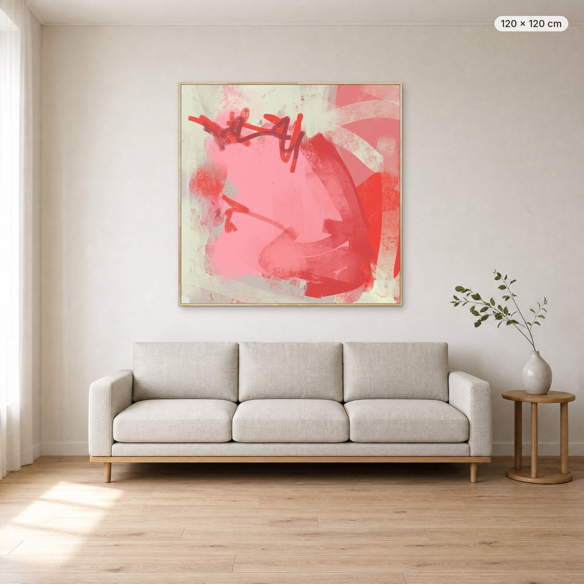 Heartbeat canvas print in oak floating frame, 120 × 120 cm, shown above a 220 cm sofa