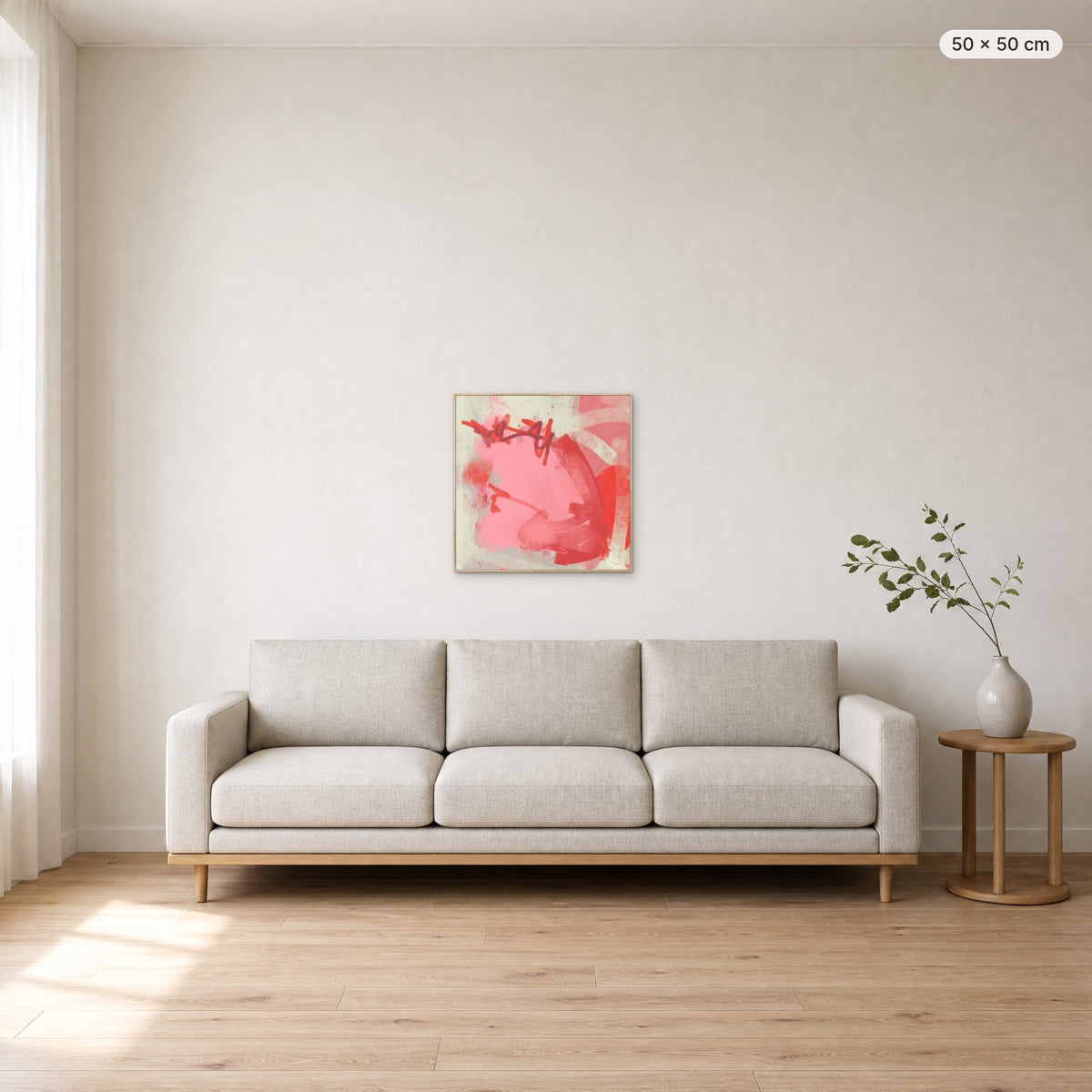 Heartbeat canvas print in oak floating frame, 50 × 50 cm, shown above a 220 cm sofa