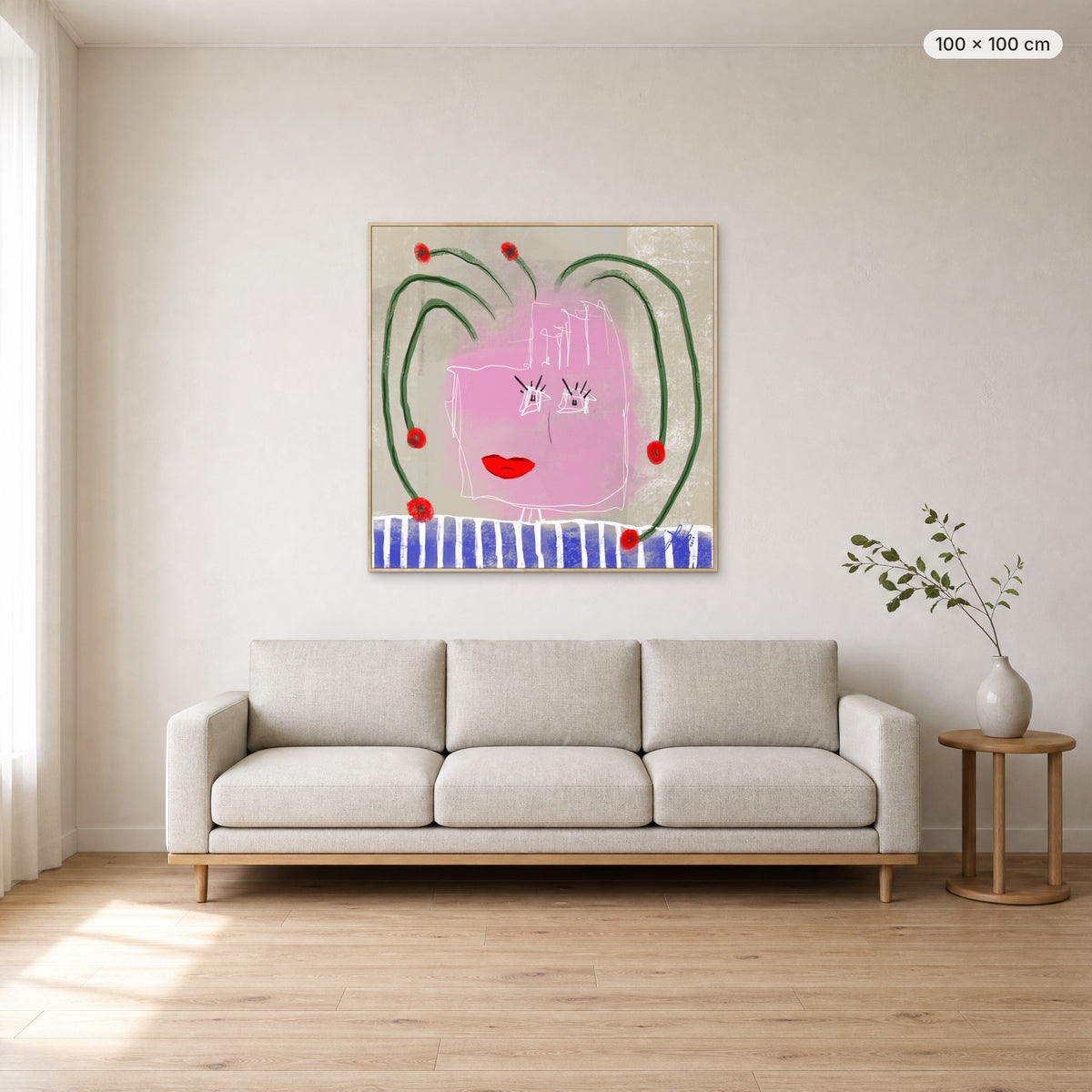 Help My Thoughts canvas print in oak floating frame, 100 × 100 cm, shown above a 220 cm sofa