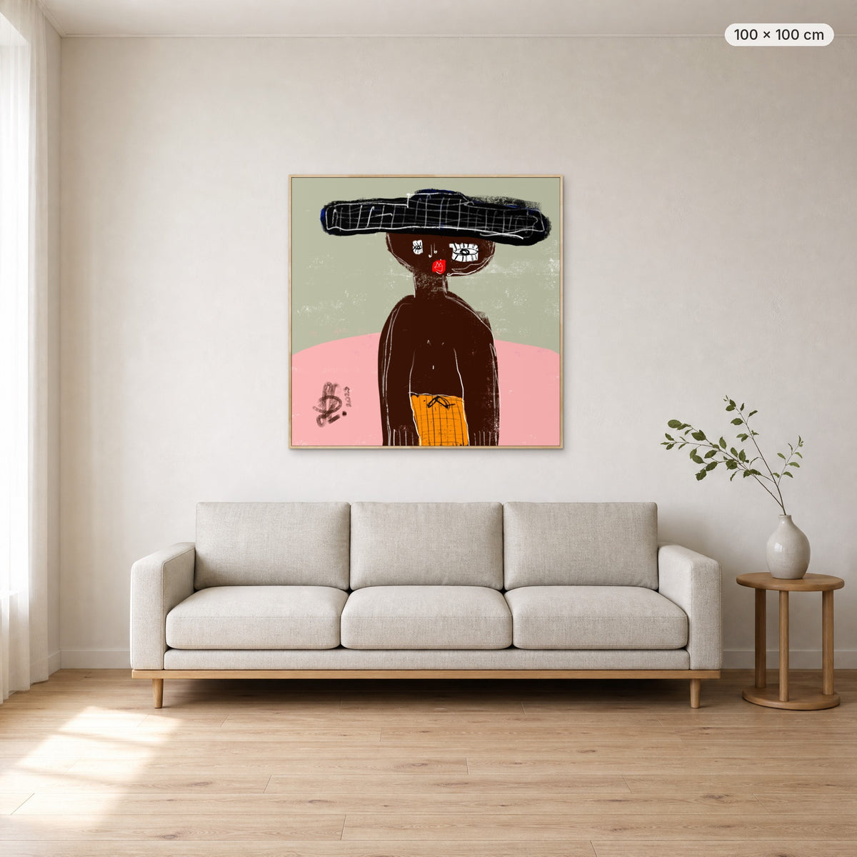 James canvas print in oak floating frame, 100 × 100 cm, shown above a 220 cm sofa