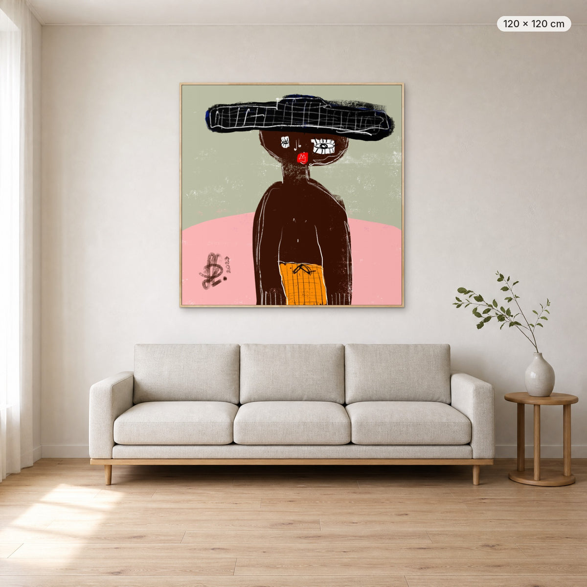 James canvas print in oak floating frame, 120 × 120 cm, shown above a 220 cm sofa