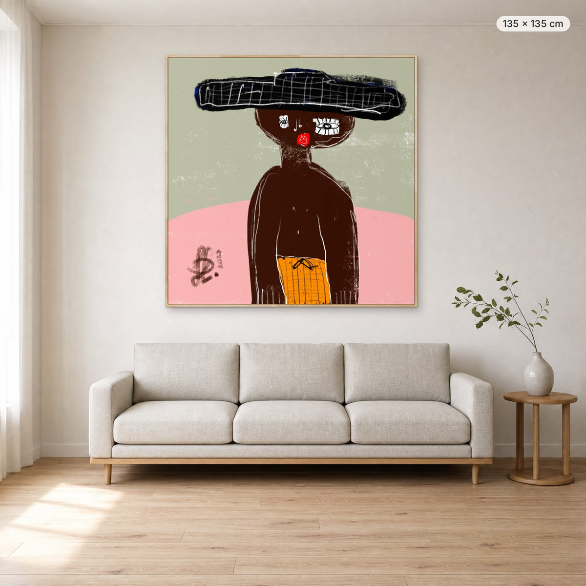 James canvas print in oak floating frame, 135 × 135 cm, shown above a 220 cm sofa