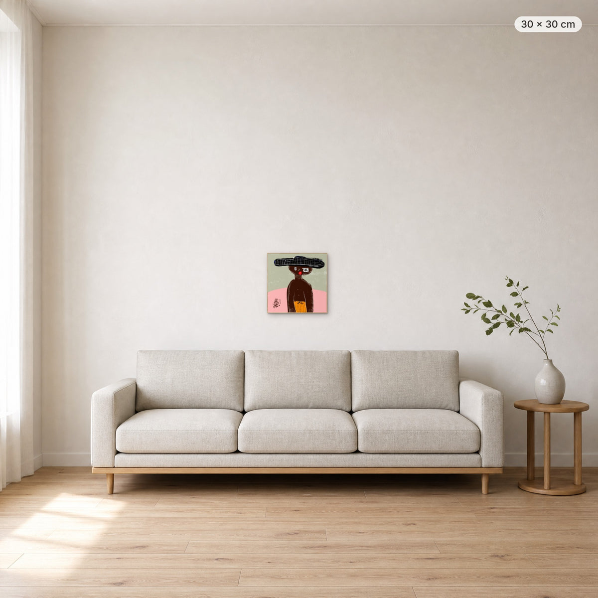 James canvas print in oak floating frame, 30 × 30 cm, shown above a 220 cm sofa