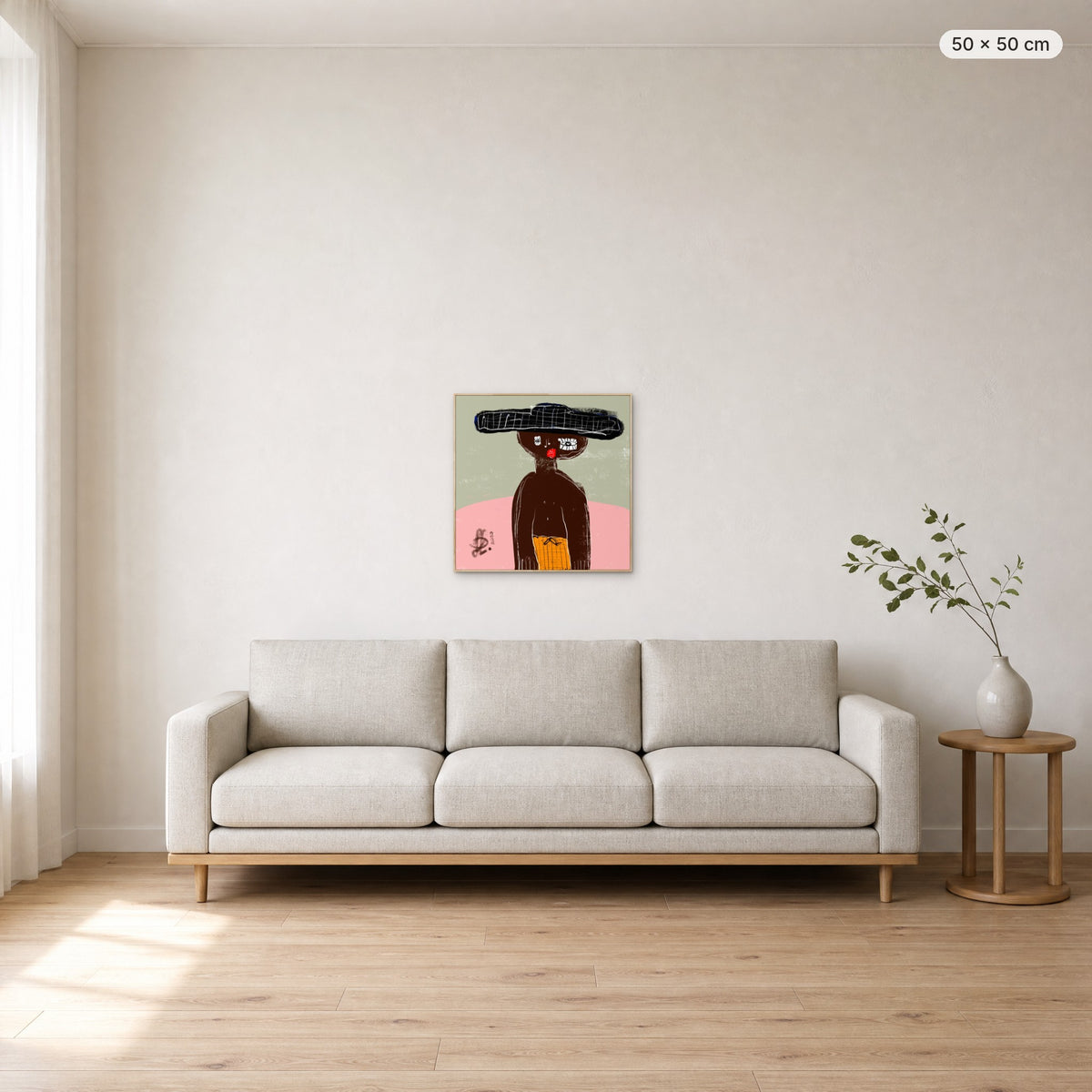 James canvas print in oak floating frame, 50 × 50 cm, shown above a 220 cm sofa