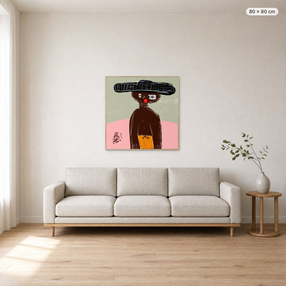 James canvas print in oak floating frame, 80 × 80 cm, shown above a 220 cm sofa