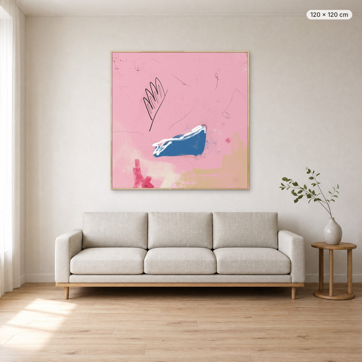 Kiss You Everywhere canvas print in oak floating frame, 120 × 120 cm, shown above a 220 cm sofa