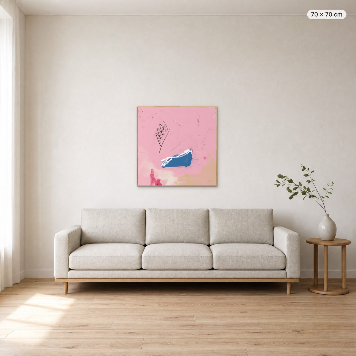 Kiss You Everywhere canvas print in oak floating frame, 70 × 70 cm, shown above a 220 cm sofa