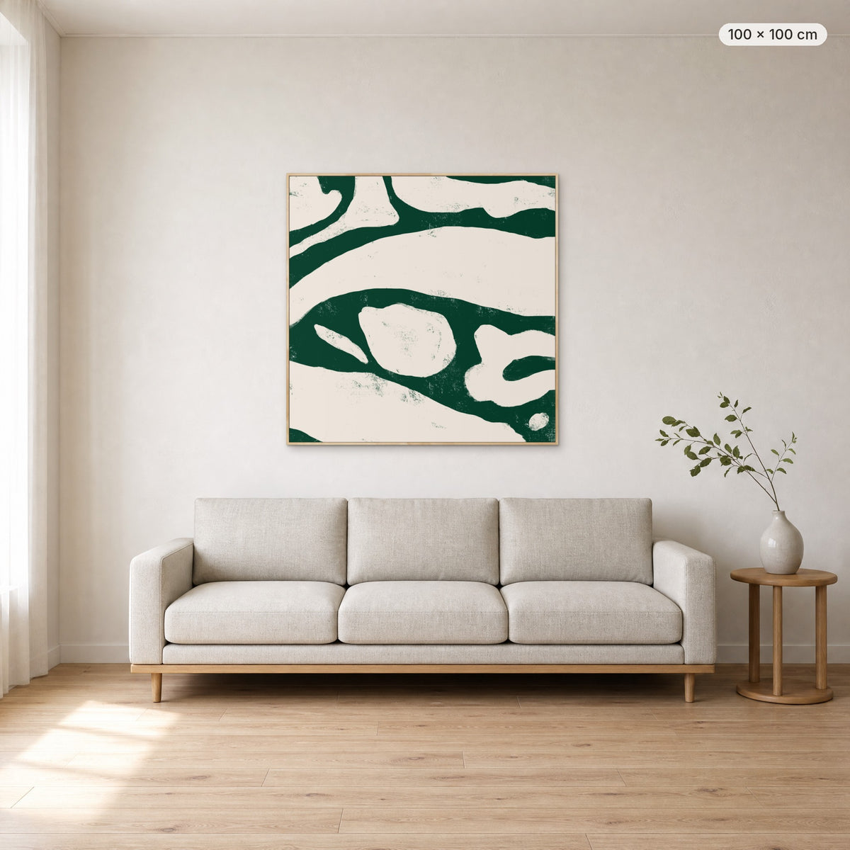 Labyrinth canvas print in oak floating frame, 100 × 100 cm, shown above a 220 cm sofa