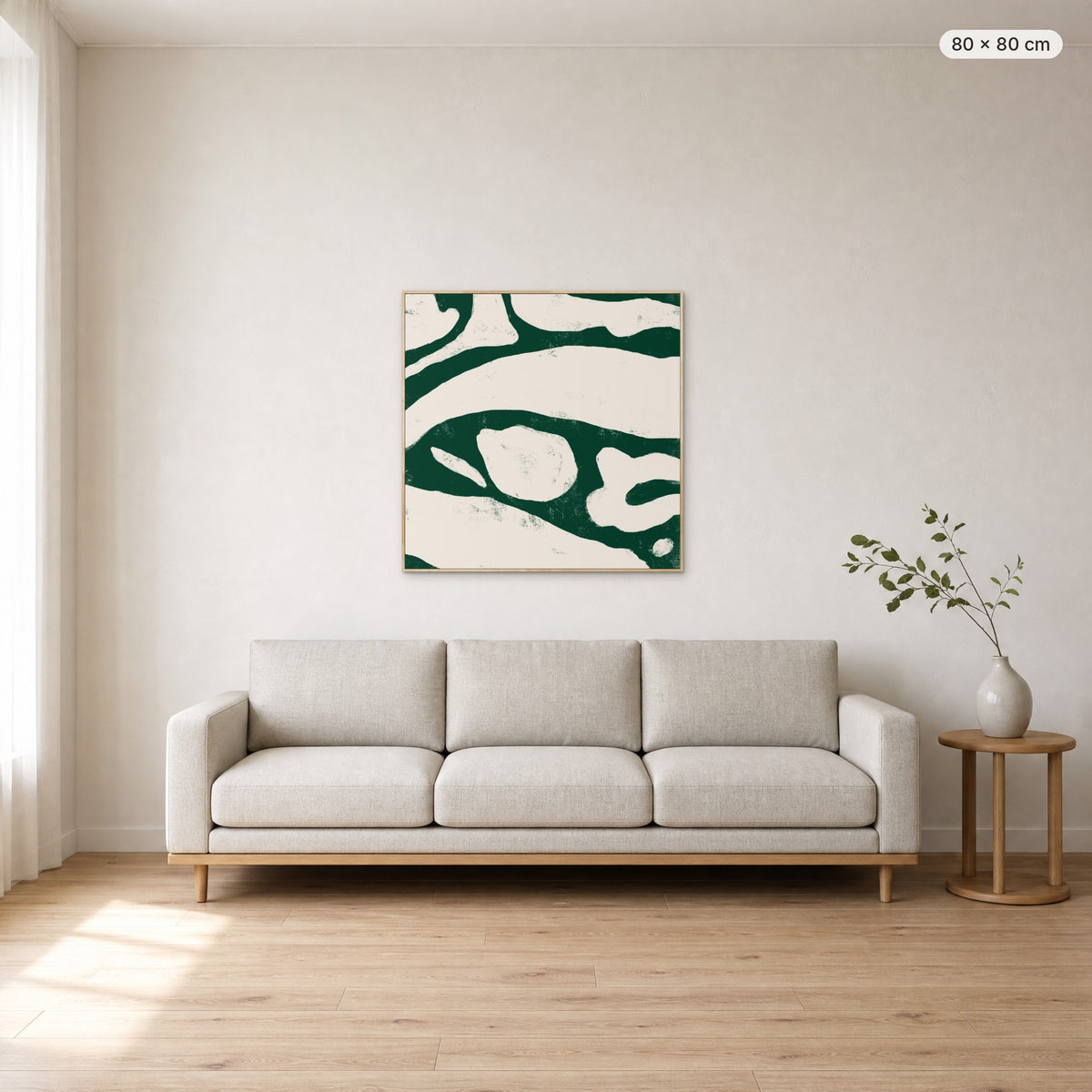 Labyrinth canvas print in oak floating frame, 80 × 80 cm, shown above a 220 cm sofa