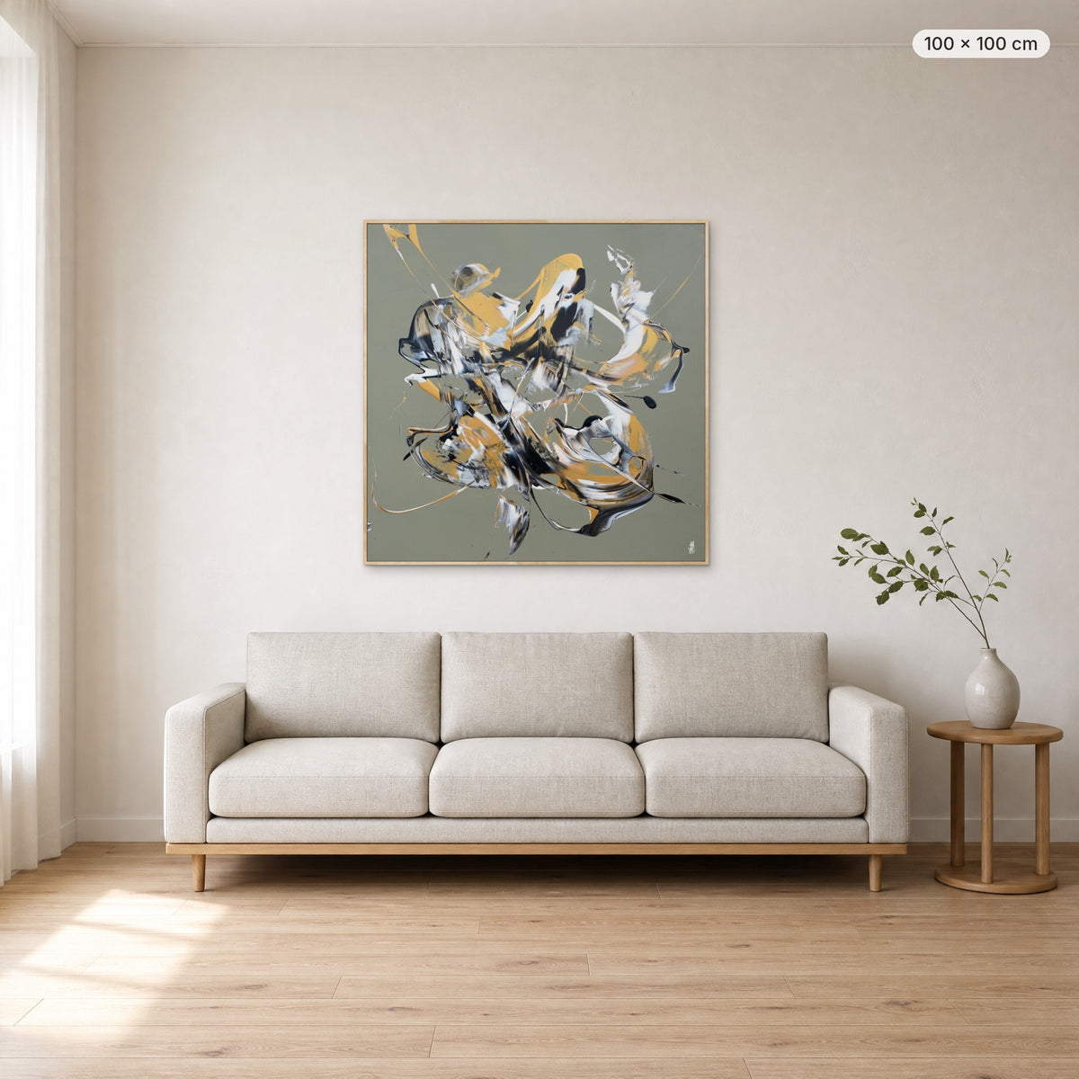Less Is More #12 canvas print in oak floating frame, 100 × 100 cm, shown above a 220 cm sofa