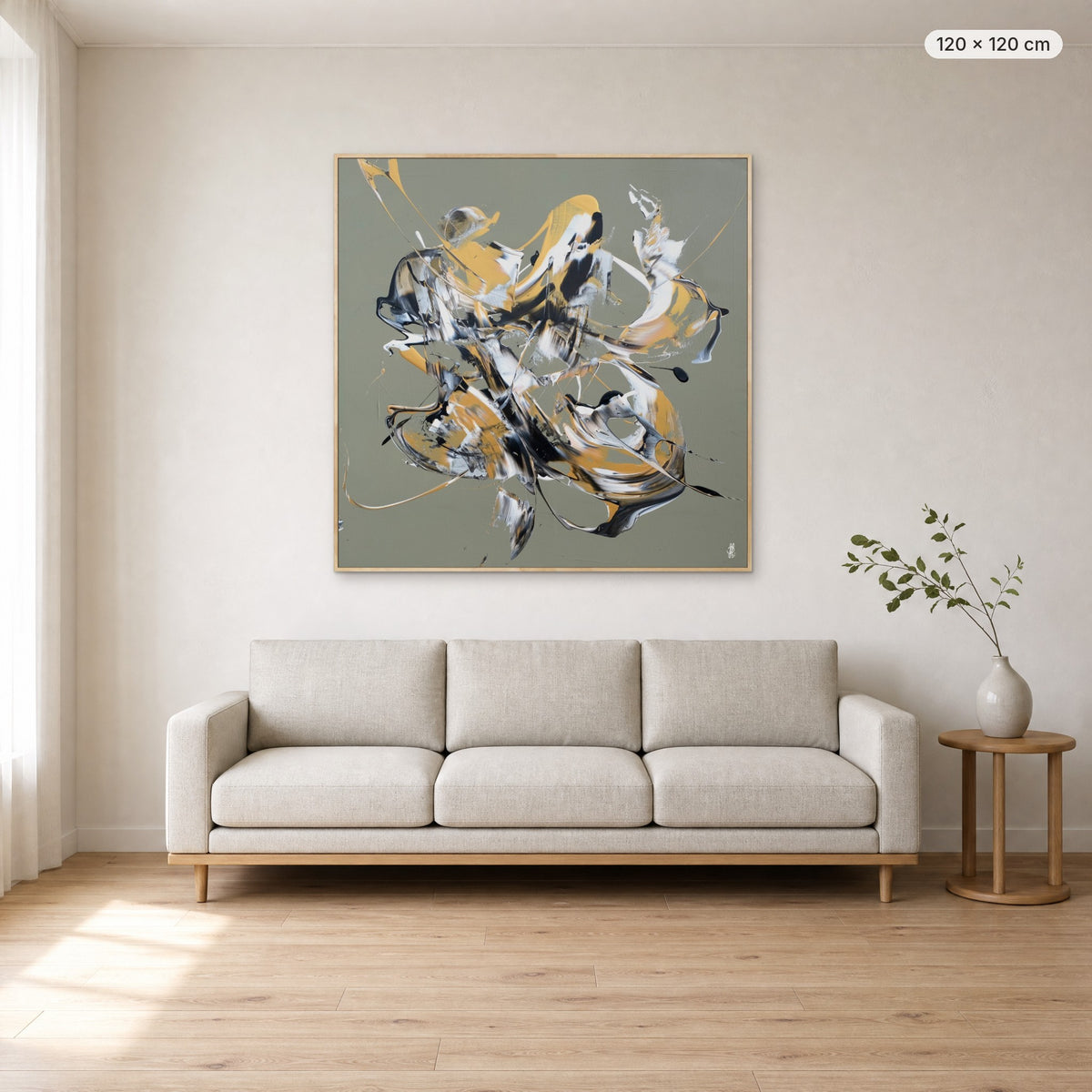 Less Is More #12 canvas print in oak floating frame, 120 × 120 cm, shown above a 220 cm sofa