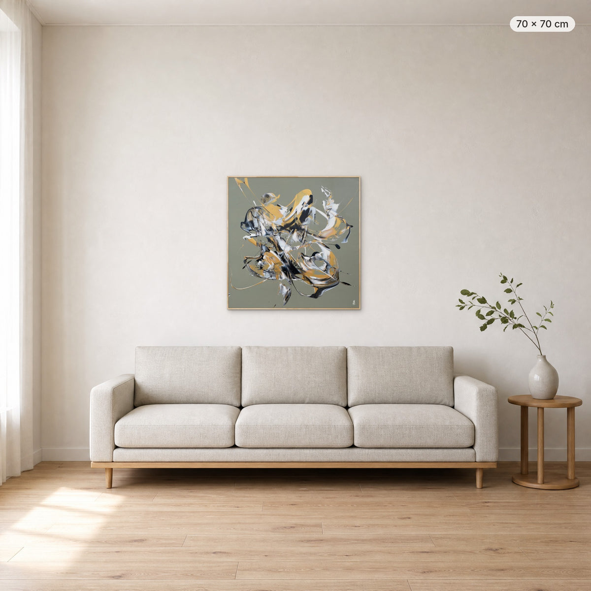Less Is More #12 canvas print in oak floating frame, 70 × 70 cm, shown above a 220 cm sofa
