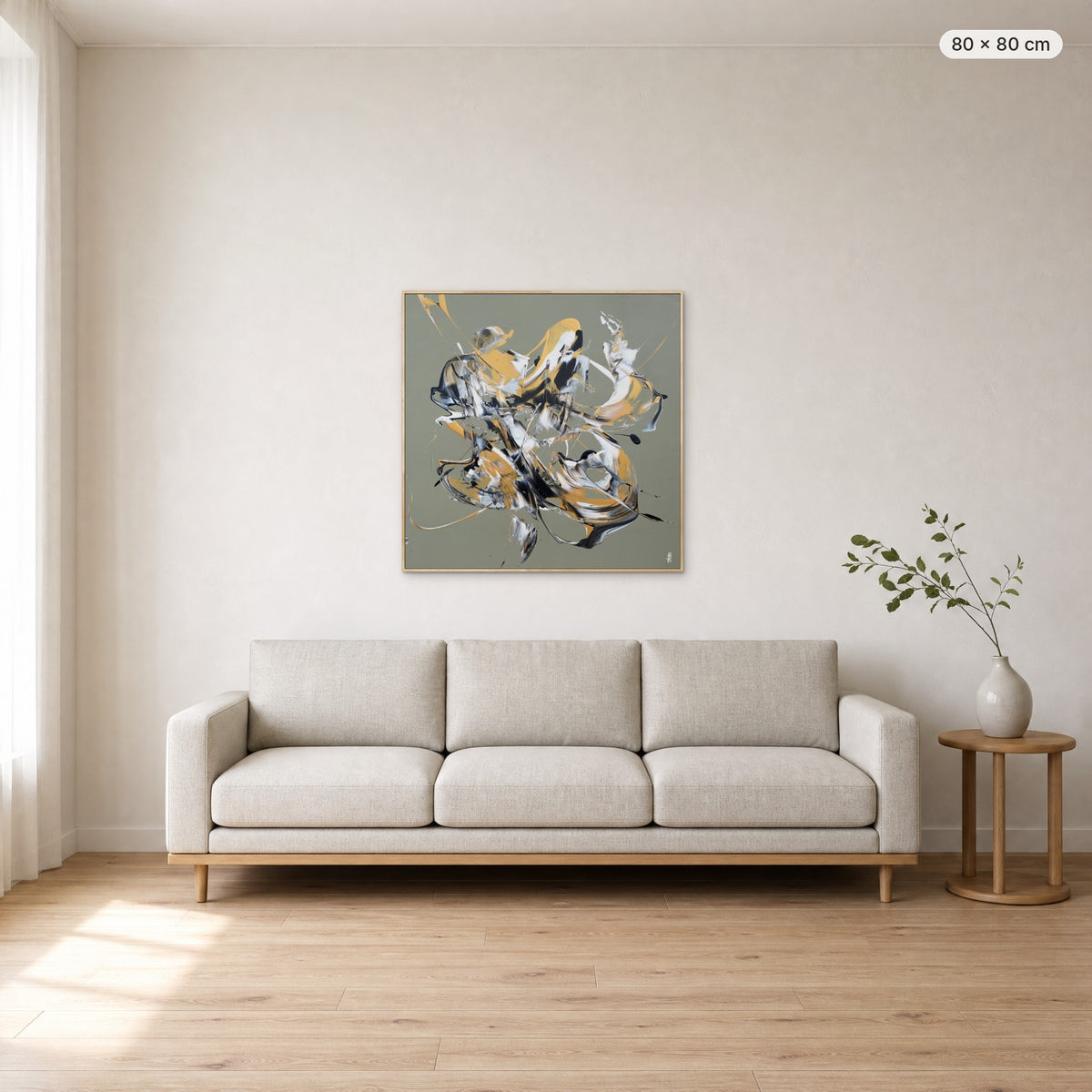 Less Is More #12 canvas print in oak floating frame, 80 × 80 cm, shown above a 220 cm sofa