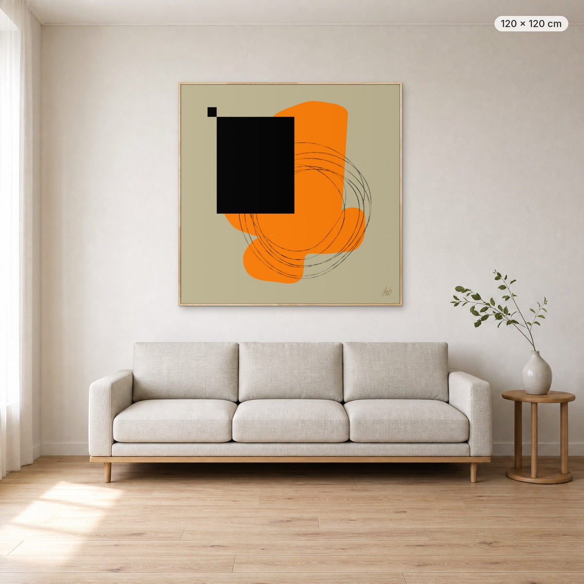 Life Is Boring Without Chaos #1 canvas print in oak floating frame, 120 × 120 cm, shown above a 220 cm sofa