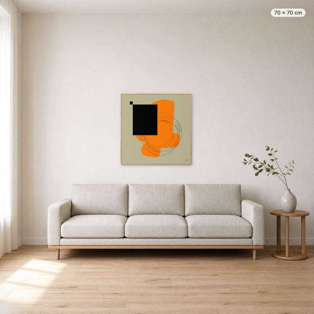 Life Is Boring Without Chaos #1 canvas print in oak floating frame, 70 × 70 cm, shown above a 220 cm sofa