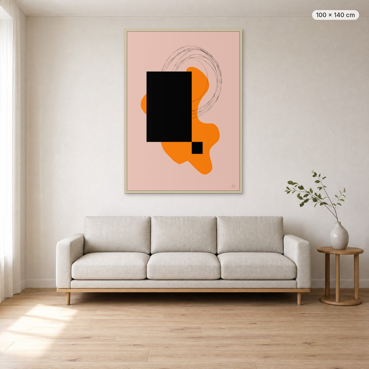 Life Is Boring Without Chaos #2 canvas print in oak floating frame, 100 × 140 cm, shown above a 220 cm sofa