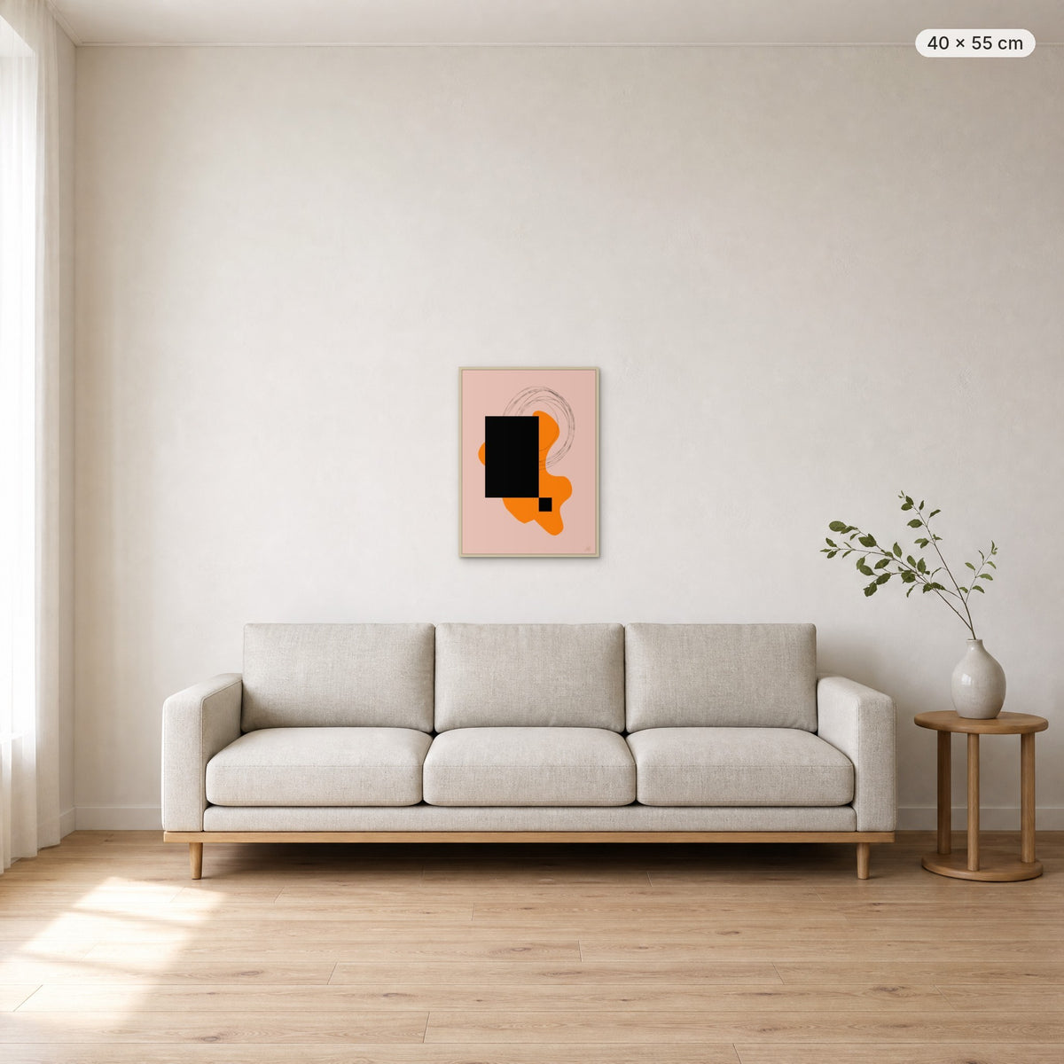 Life Is Boring Without Chaos #2 canvas print in oak floating frame, 40 × 55 cm, shown above a 220 cm sofa
